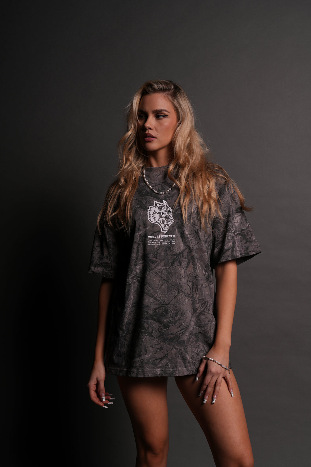 Wolves Have Your Back "Premium" Oversized Unisex Tee in Driftwood Wolf Forest Camo