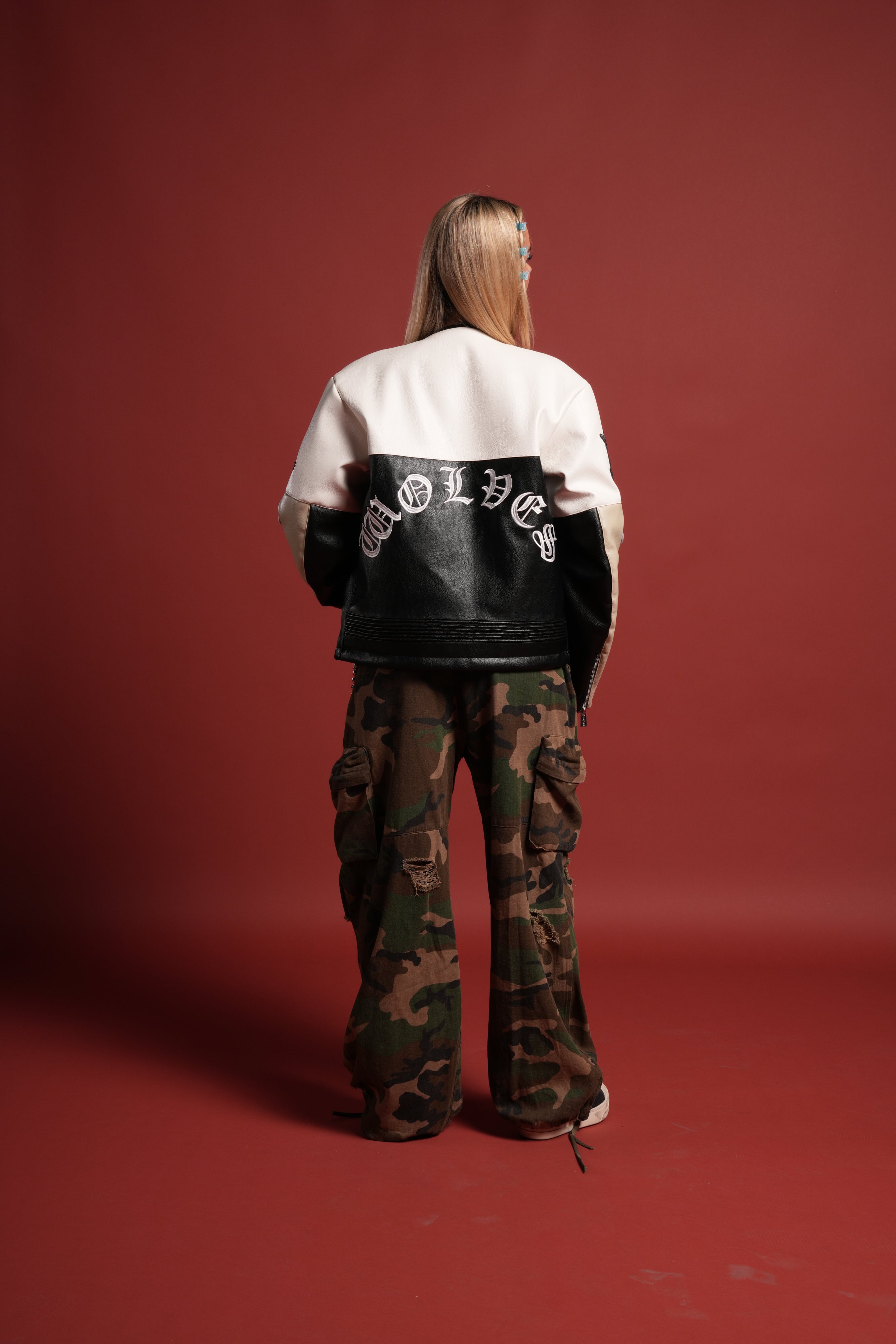 Darc  Kulture Johnny Biker Jacket in Cream/Black/Wolf Gray