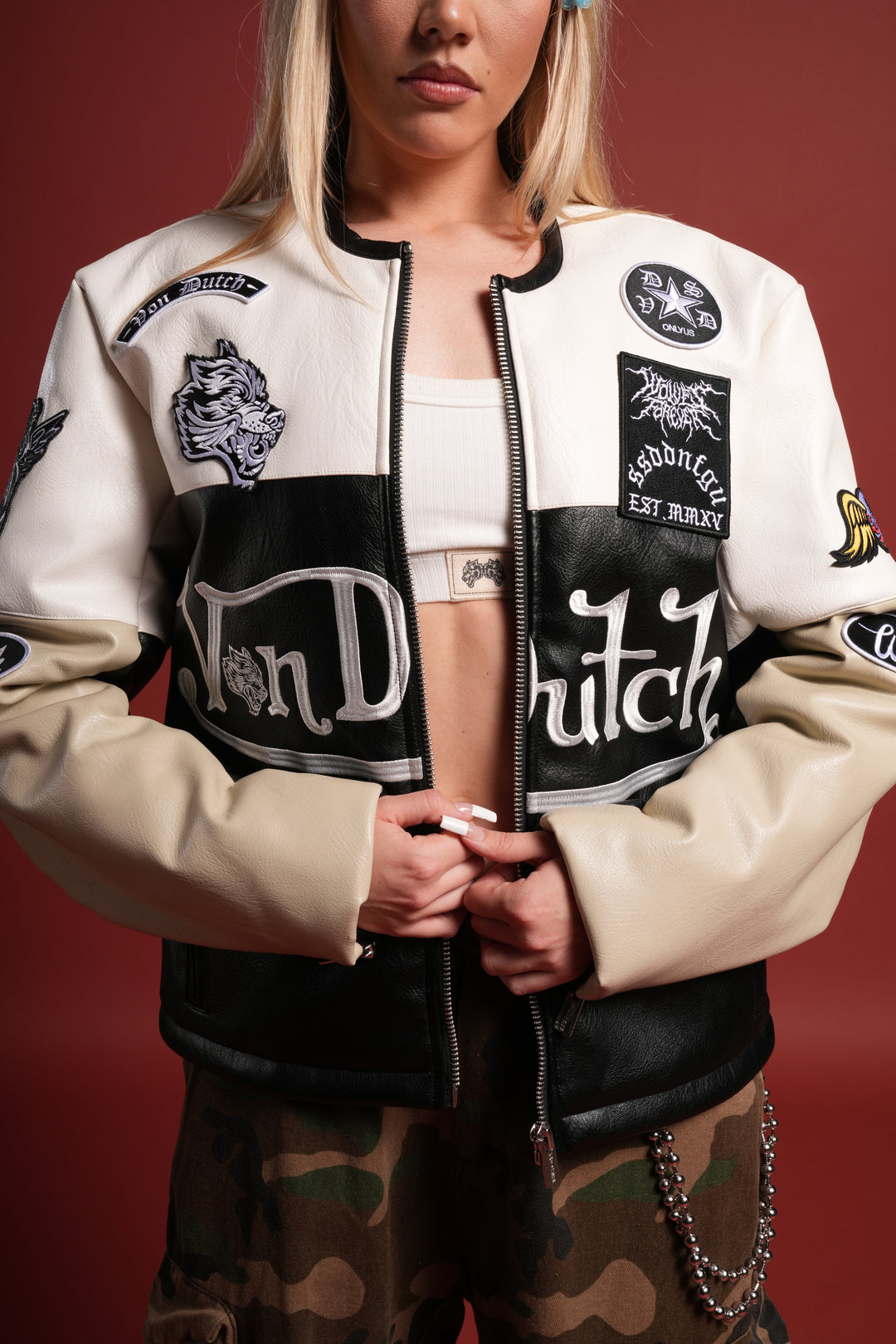Darc  Kulture Johnny Biker Jacket in Cream/Black/Wolf Gray