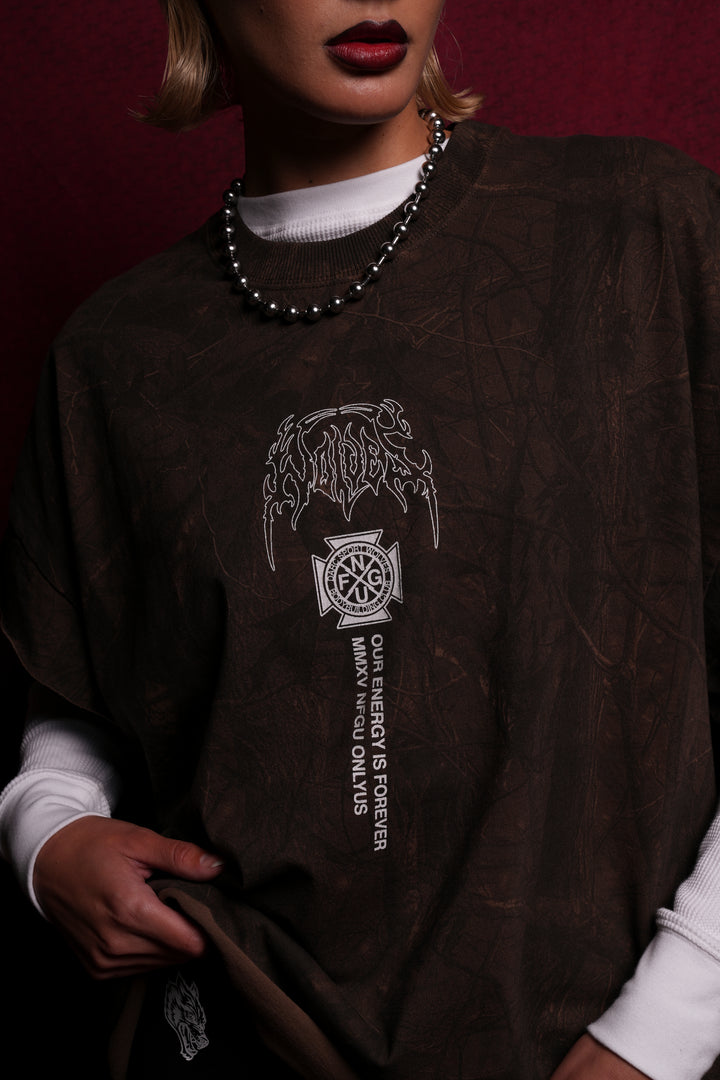 Mourning Star "Grunge" Cut Off Tee in Brown Driftwood Forest Camo