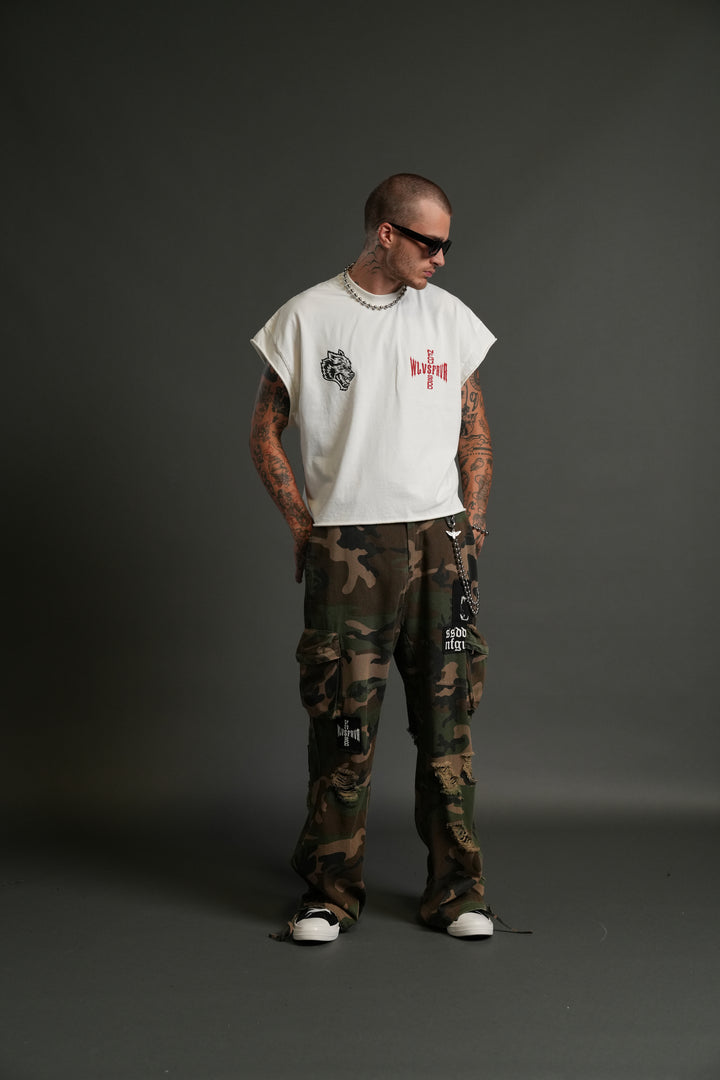 Born Darc Grunge Cut-Off Tee in Cream