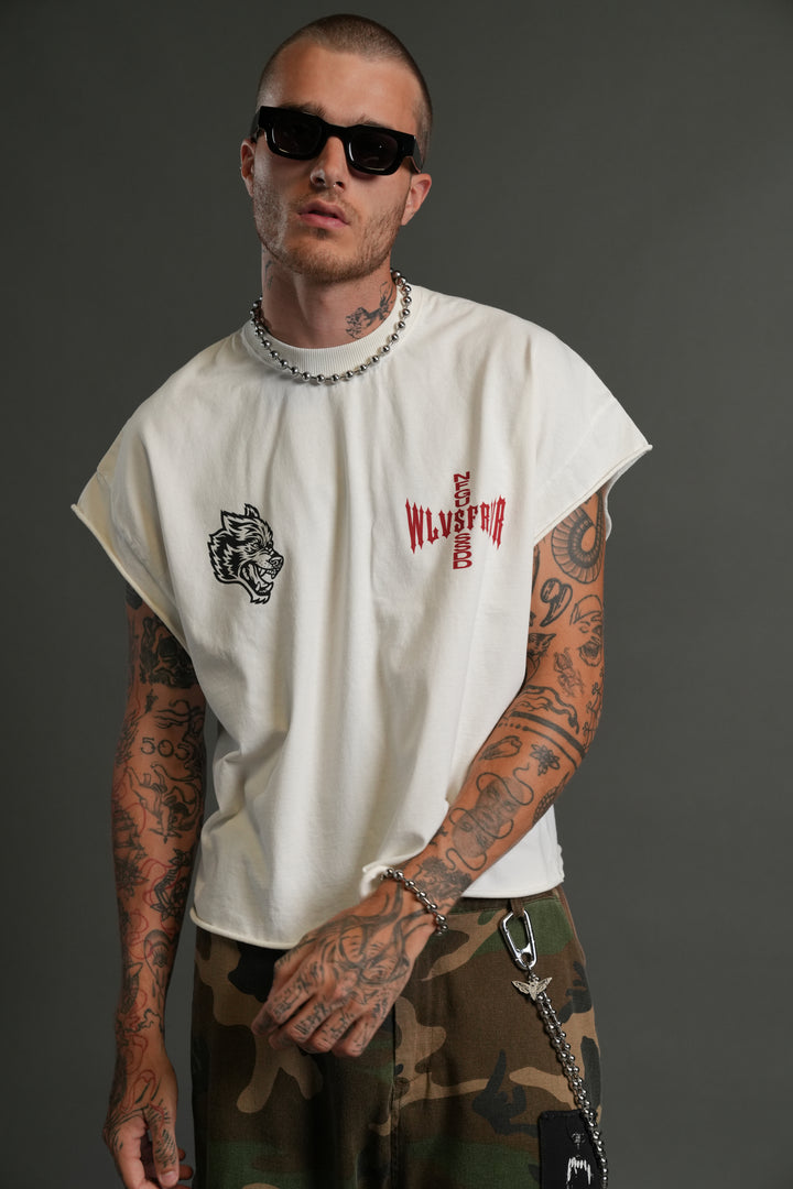 Born Darc Grunge Cut-Off Tee in Cream