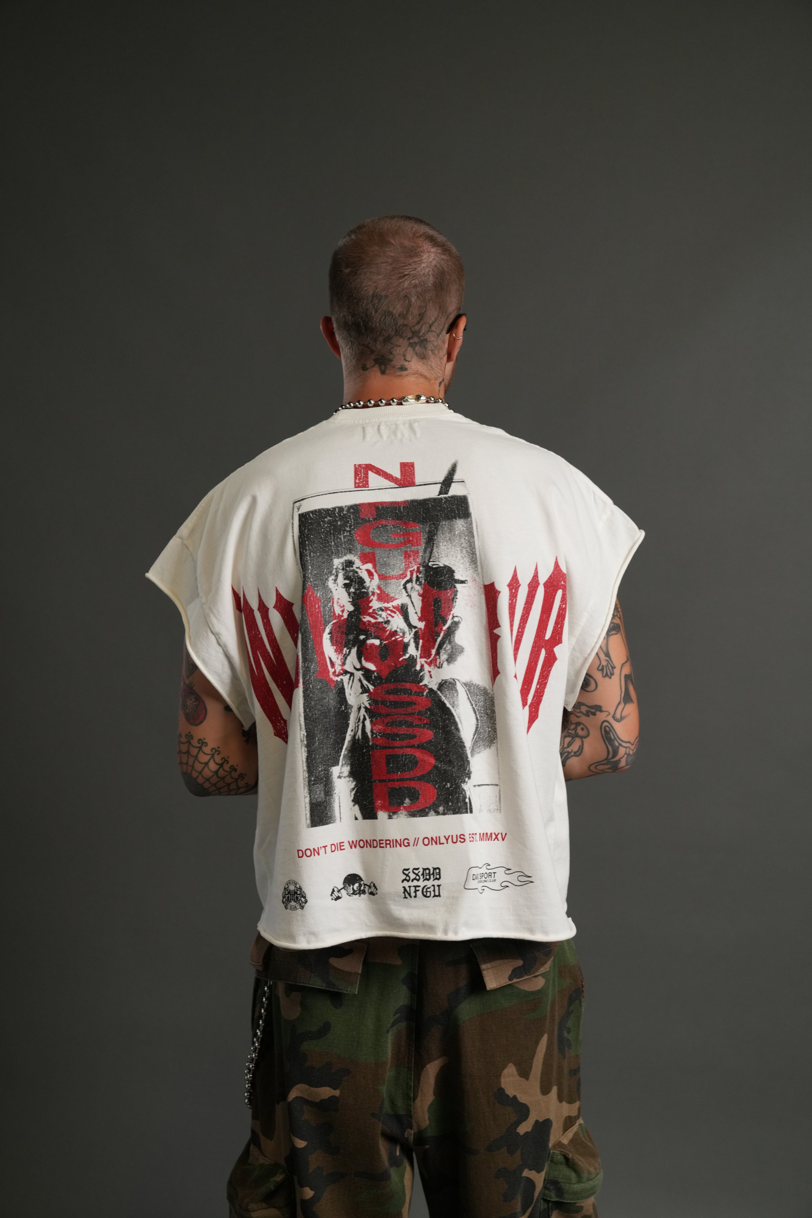 Born Darc Grunge Cut-Off Tee in Cream