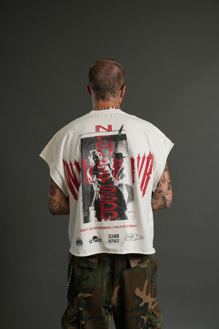Born Darc Grunge Cut-Off Tee in Cream