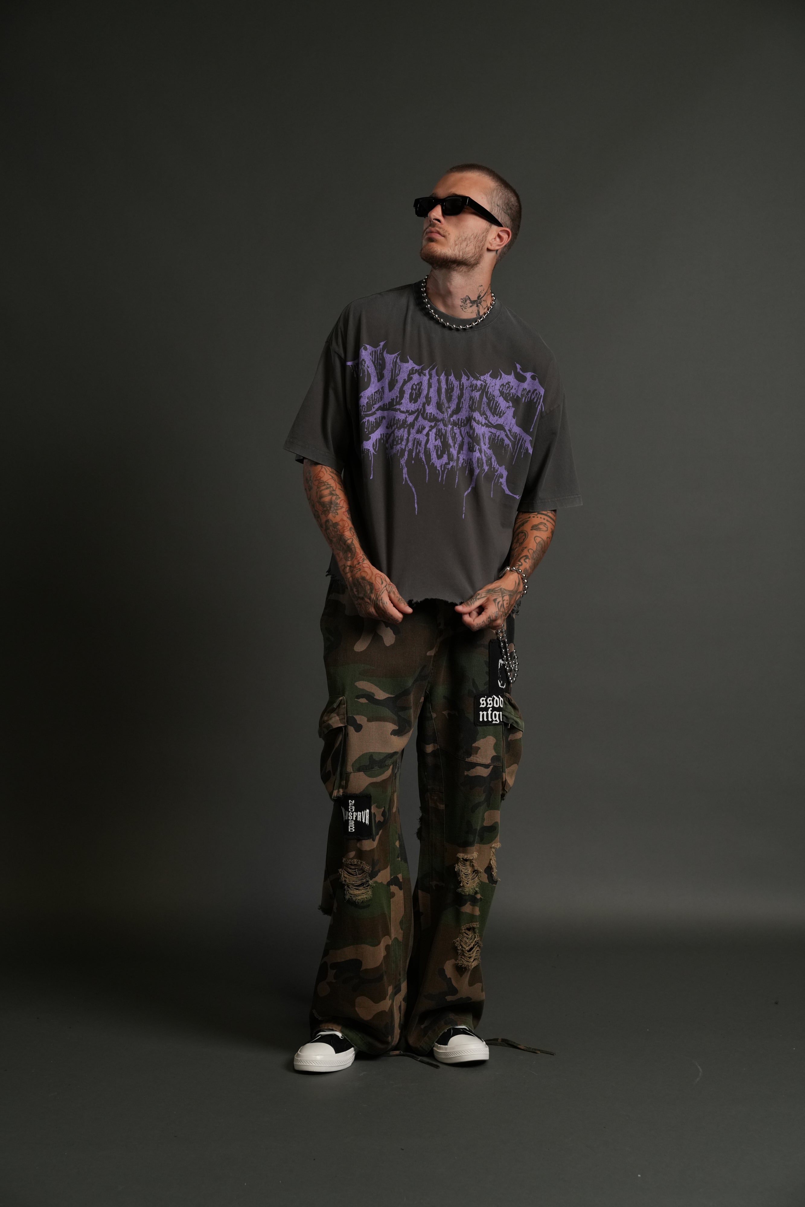 Drip Hesh Destroyed Grunge "Box Cut" Tee in Wolf Gray