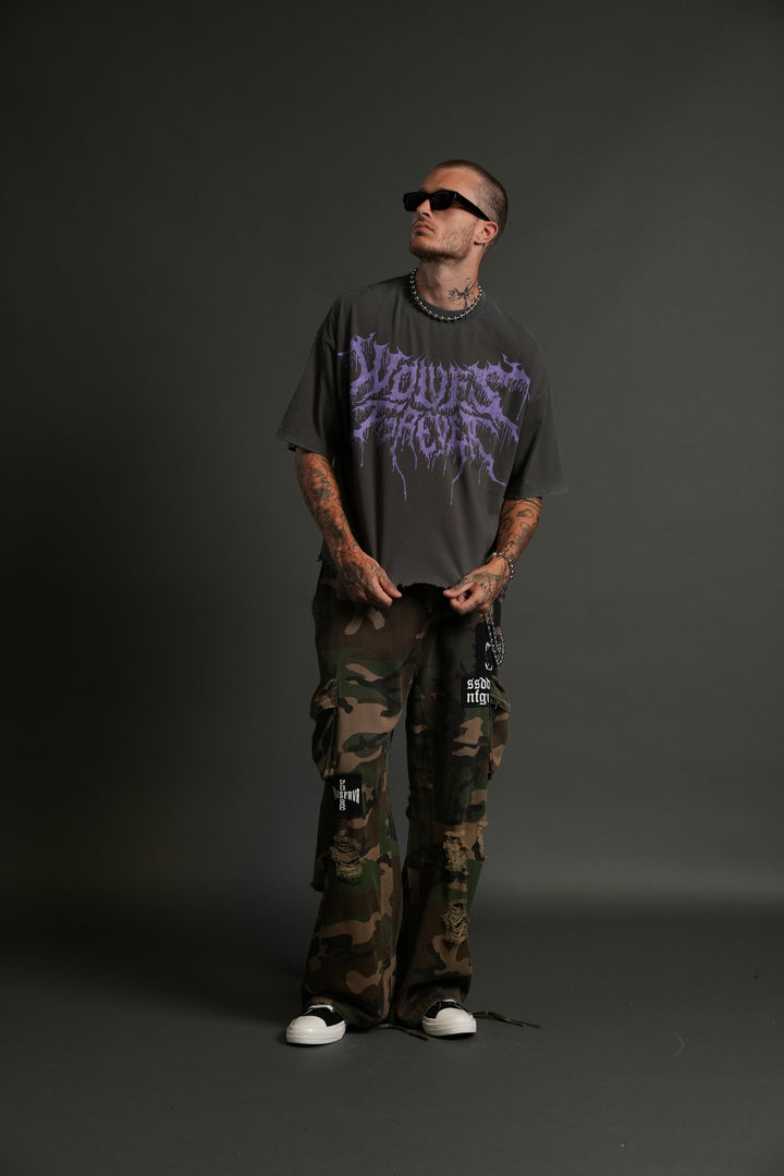 Drip Hesh Destroyed Grunge "Box Cut" Tee in Wolf Gray