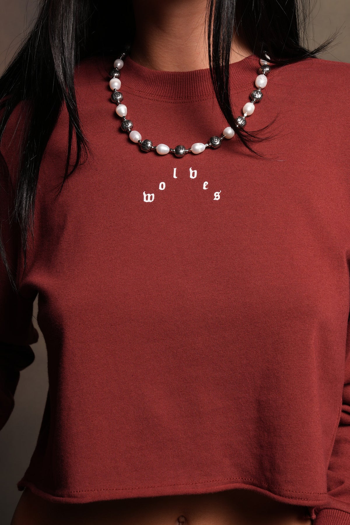 Nuestra Senora Premium Cropped Ls Tee In Cherry Red