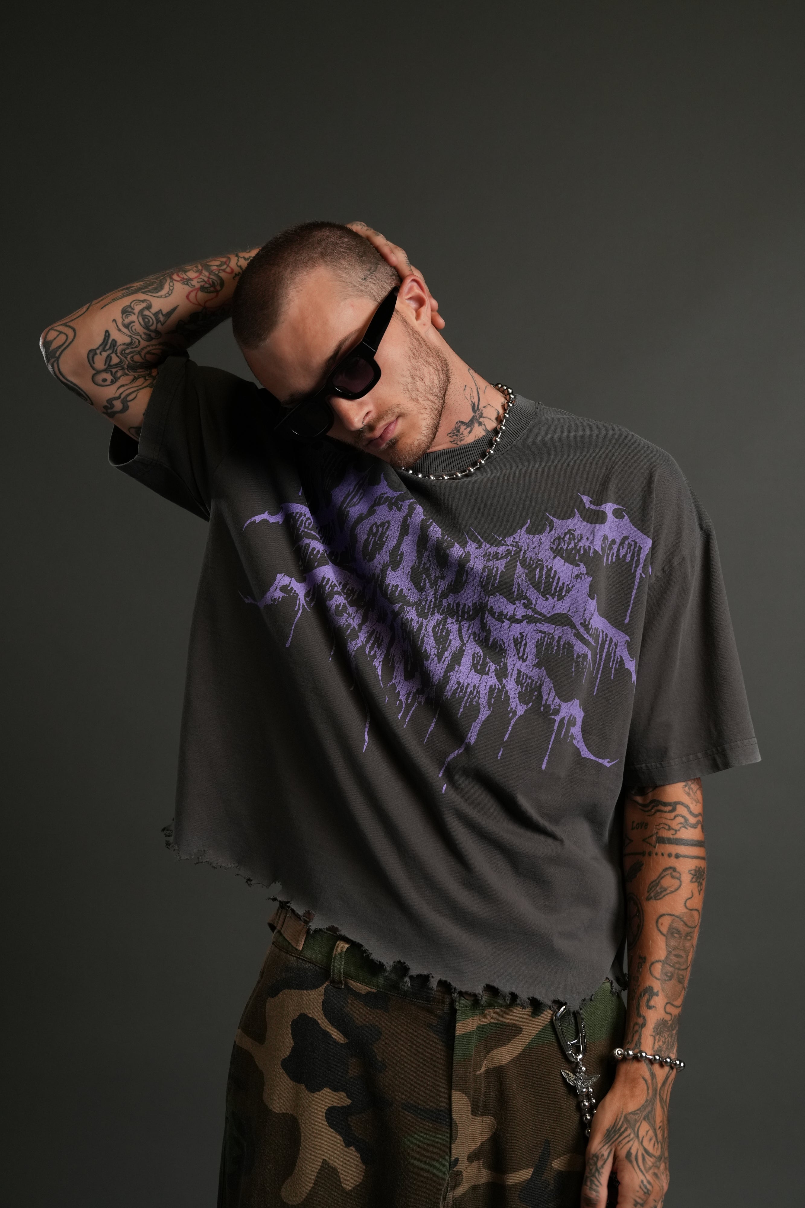 Drip Hesh Destroyed Grunge "Box Cut" Tee in Wolf Gray