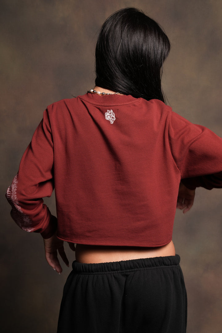 Nuestra Senora Premium Cropped Ls Tee In Cherry Red