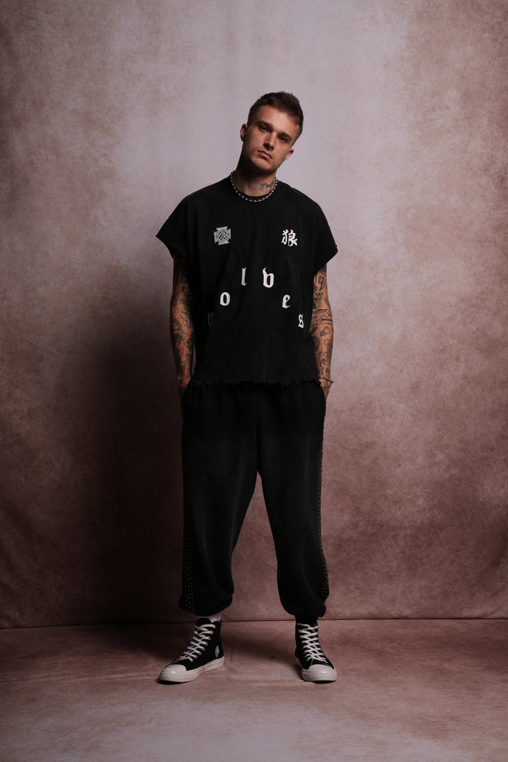 Wolves Flame Destroyed Grunge Cut-Off Tee in Black Spine Sun Fade