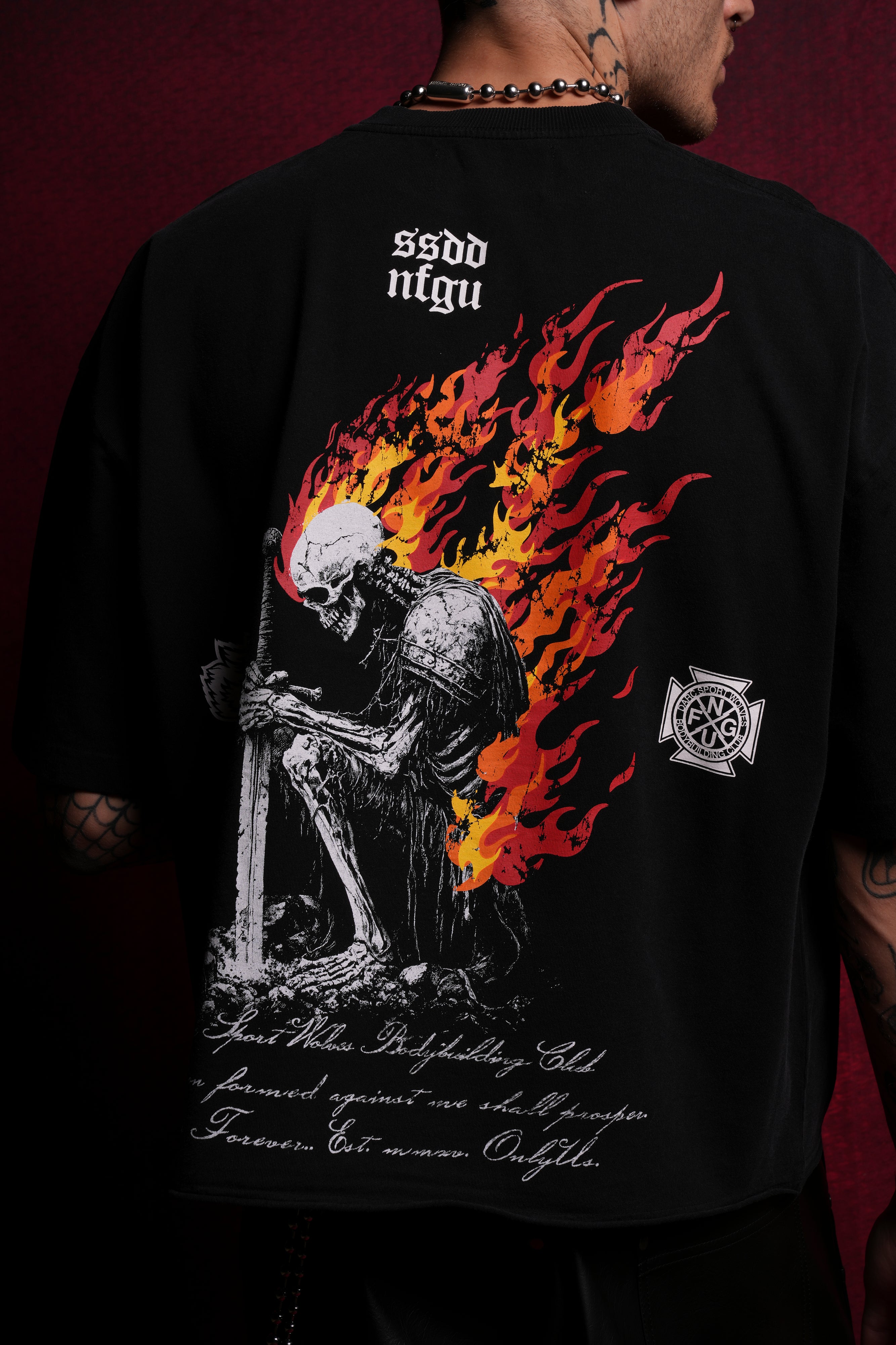 Sacred Fire Grunge Raw Hem "Box Cut" Tee in Black
