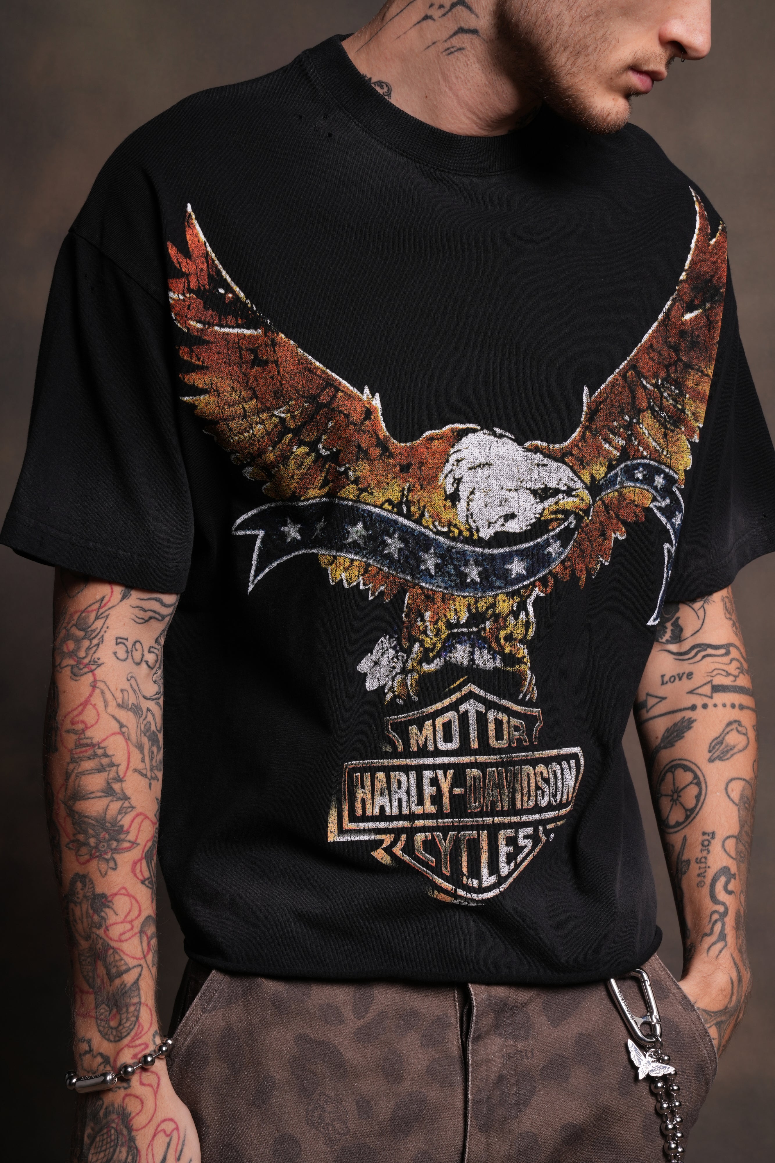 Darc Eagle Distressed Grunge Mid-Length Raw Hem Tee in Black Drift Wash