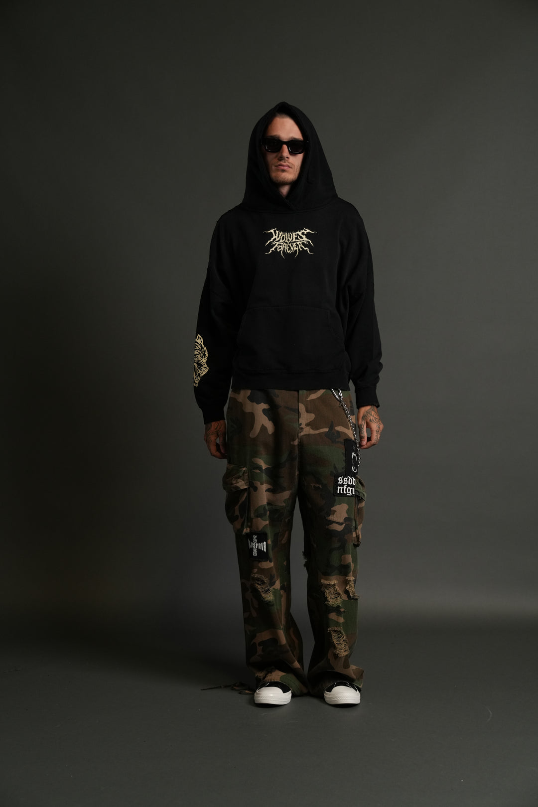 Slasher Destroyed Grunge "Gage Box Cut" Hoodie in Black Drift Wash