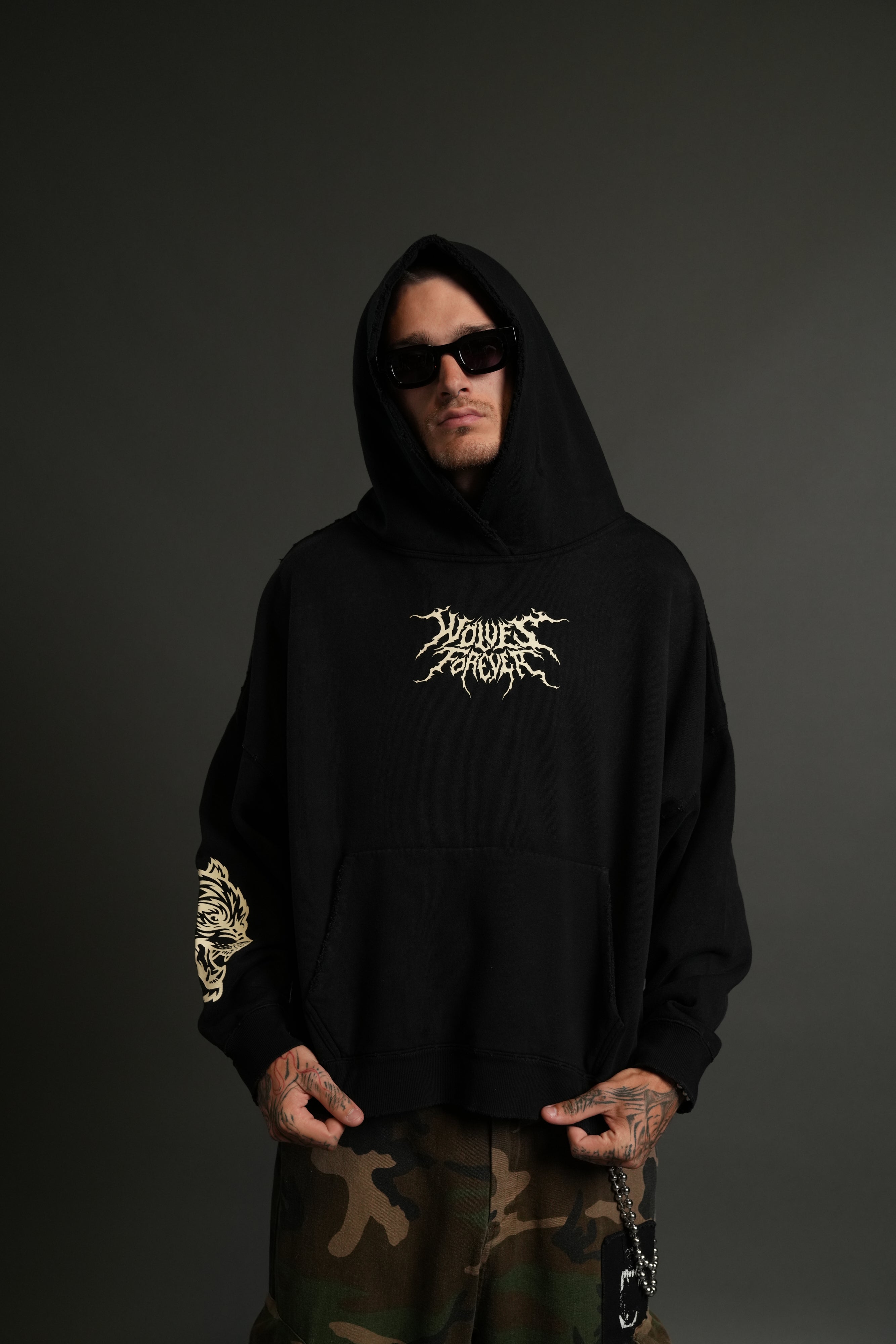 Slasher Destroyed Grunge "Gage Box Cut" Hoodie in Black Drift Wash