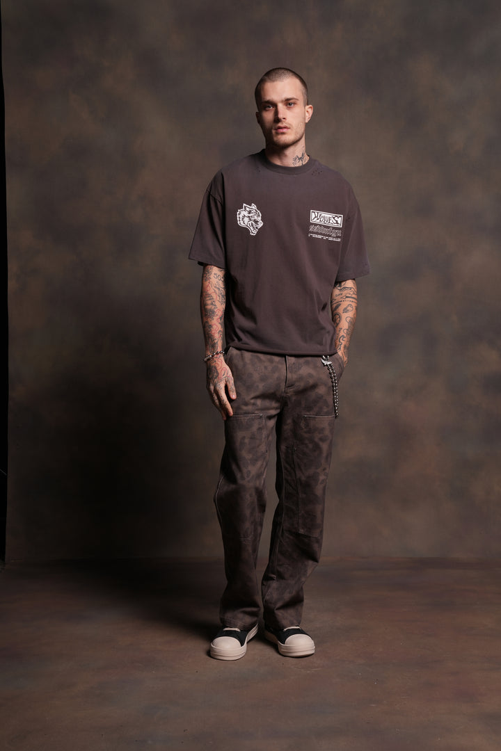 Ride Forever Distressed Grunge Mid-Length Raw Hem Tee in Darc Brown Drift Wash
