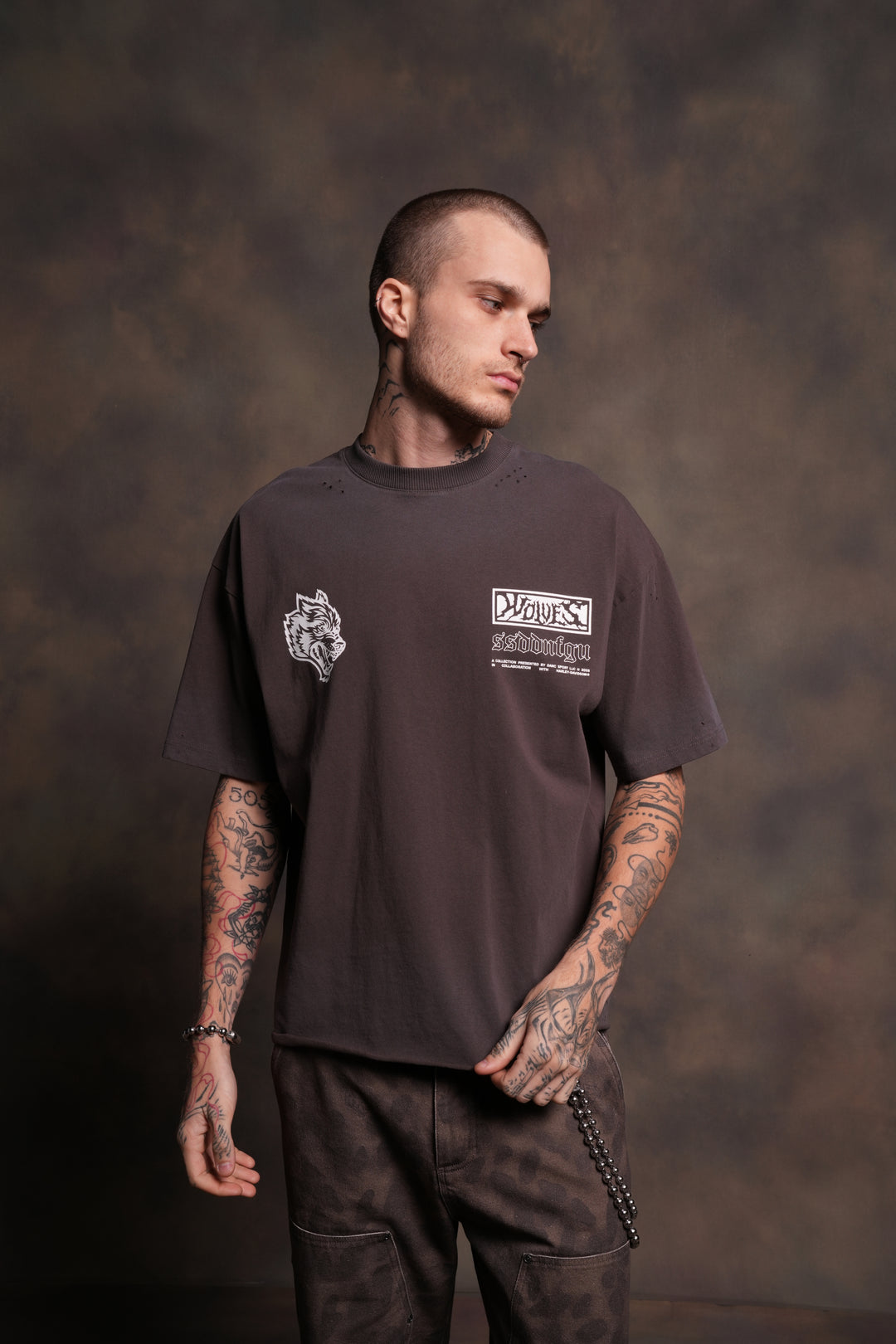 Ride Forever Distressed Grunge Mid-Length Raw Hem Tee in Darc Brown Drift Wash