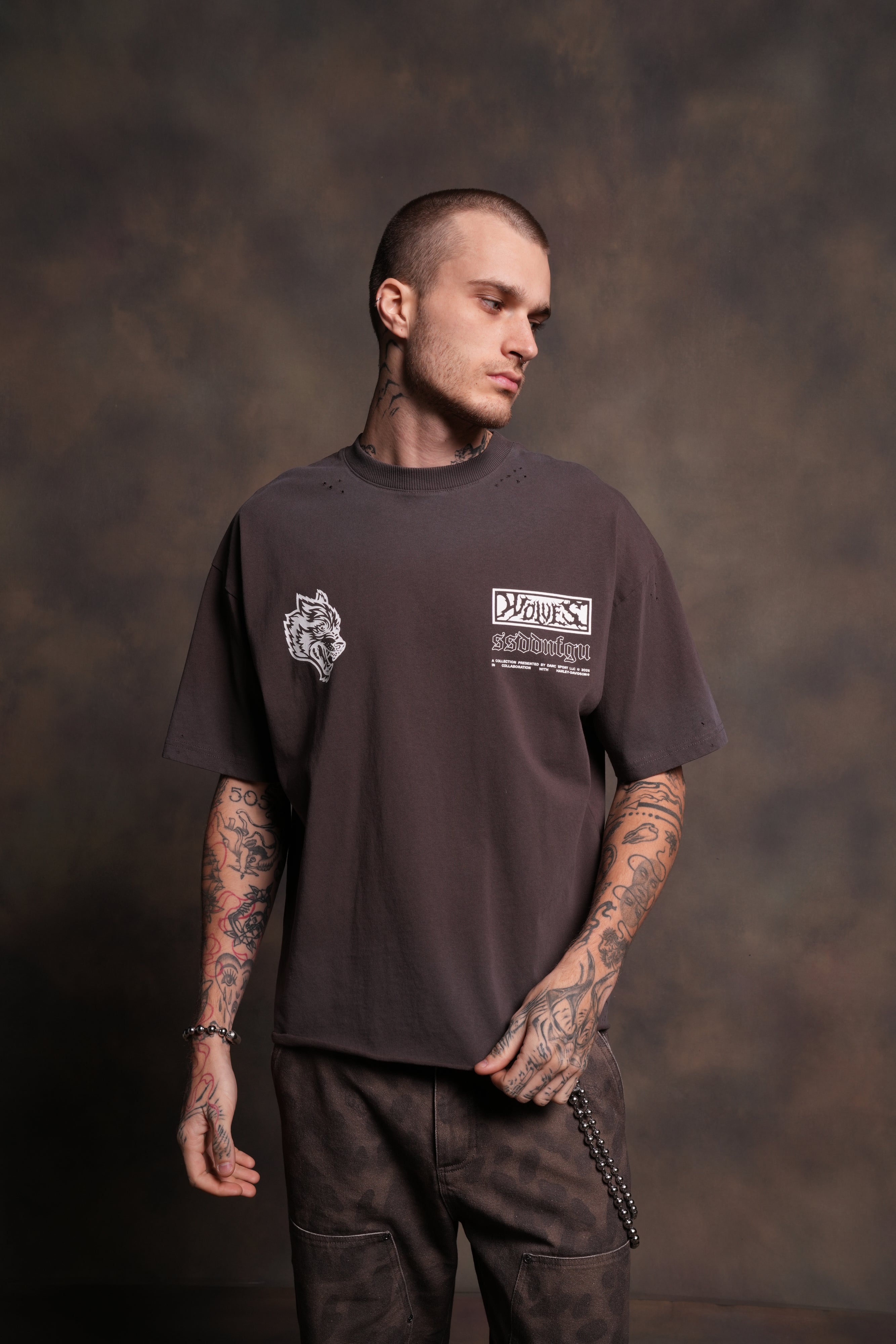 Ride Forever Distressed Grunge Mid-Length Raw Hem Tee in Darc Brown Drift Wash