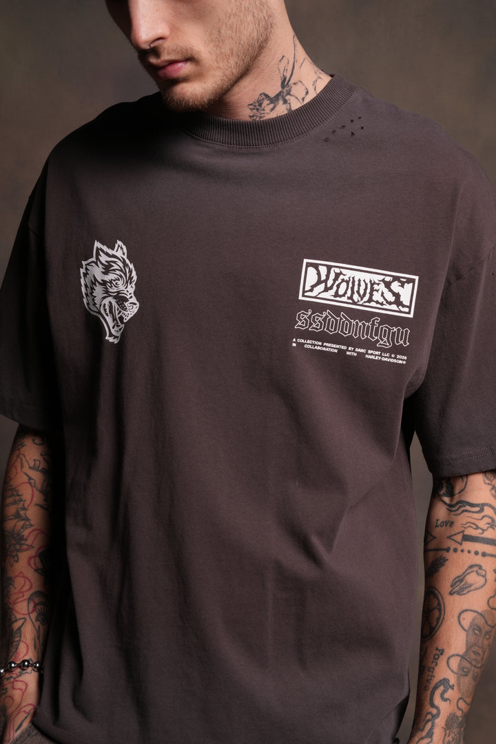 Ride Forever Distressed Grunge Mid-Length Raw Hem Tee in Darc Brown Drift Wash