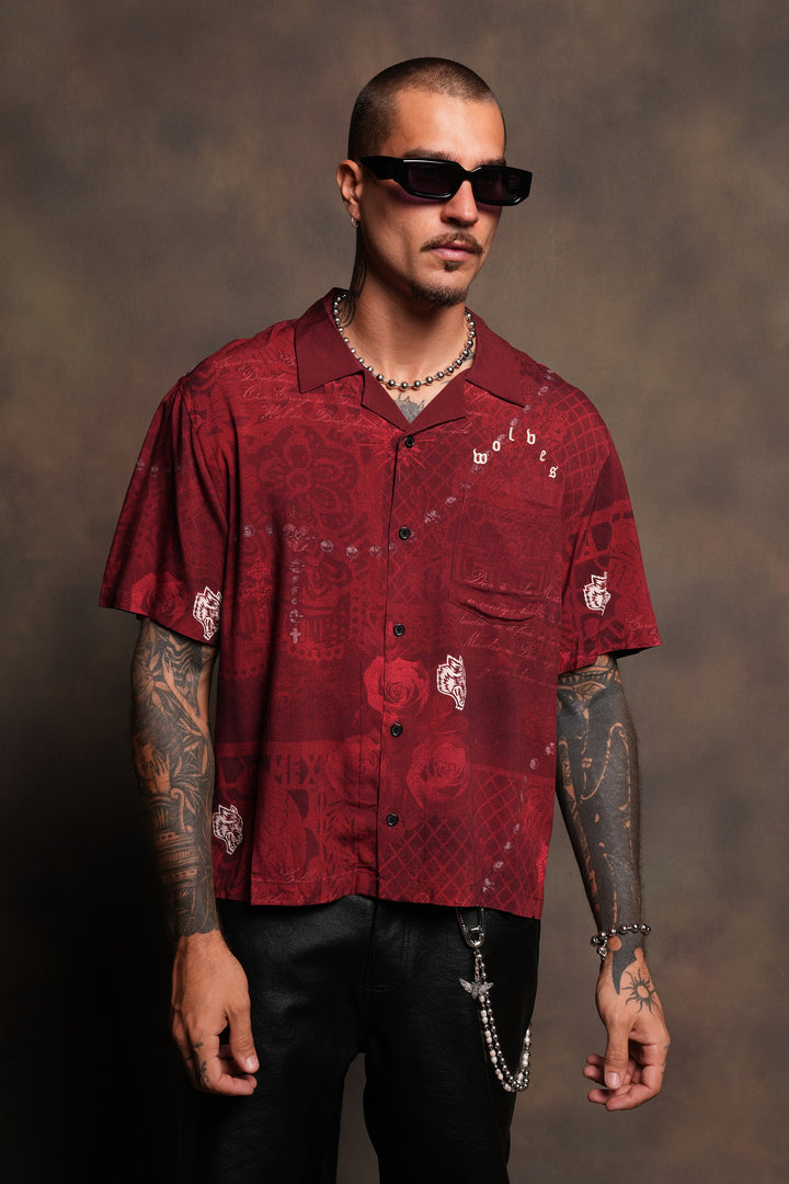 Wolves Pyramid Romero Mid Length Button Up In Rosas De Sangre