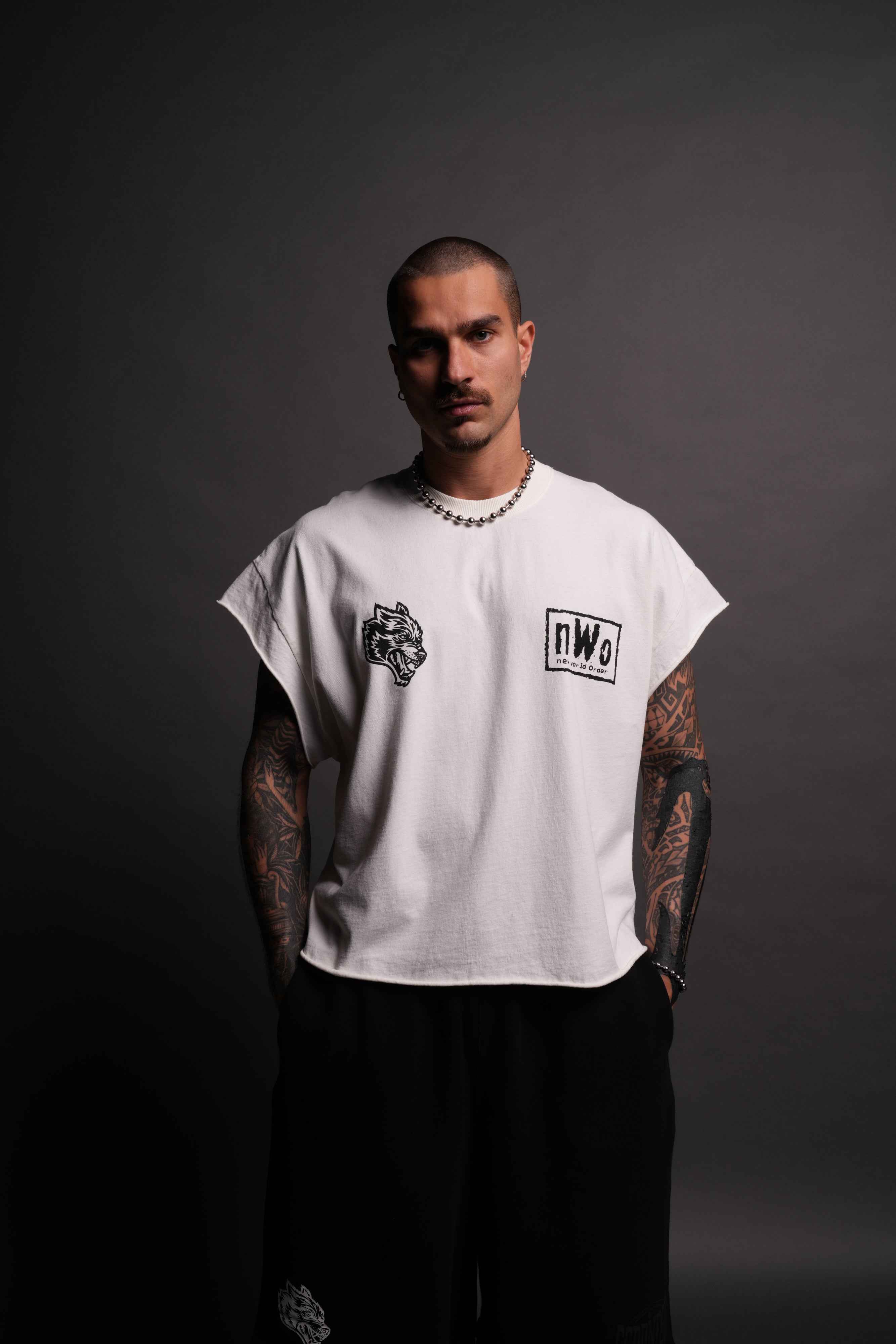 New World Order Grunge Cut-Off Tee in Cream