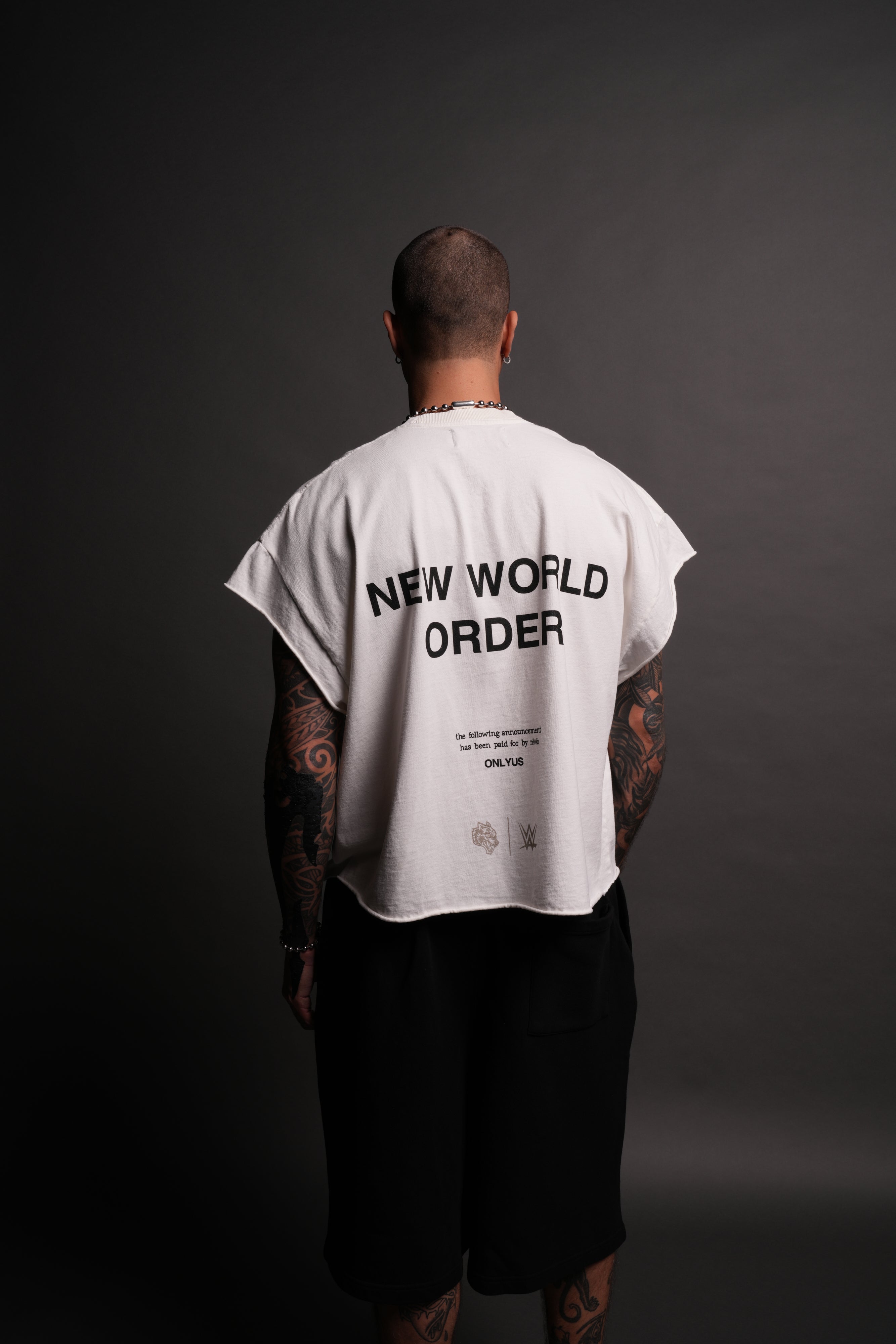 New World Order Grunge Cut-Off Tee in Cream