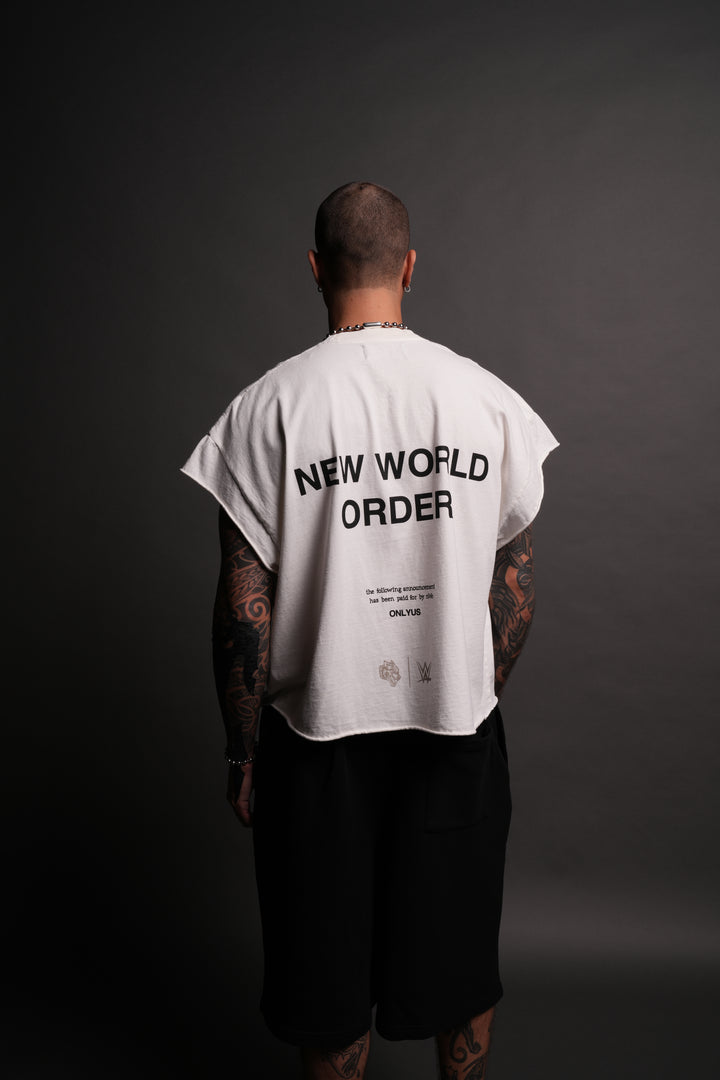 New World Order Grunge Cut-Off Tee in Cream