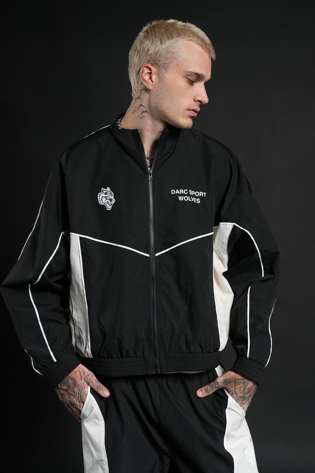 Darc Sport Wolves Unisex Pyramid Quinn Track Jacket in Black/Sand