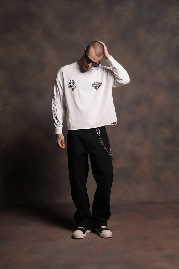 Harley-Davidson Wolves Distressed Grunge "Box Cut" L/S Tee in Cream