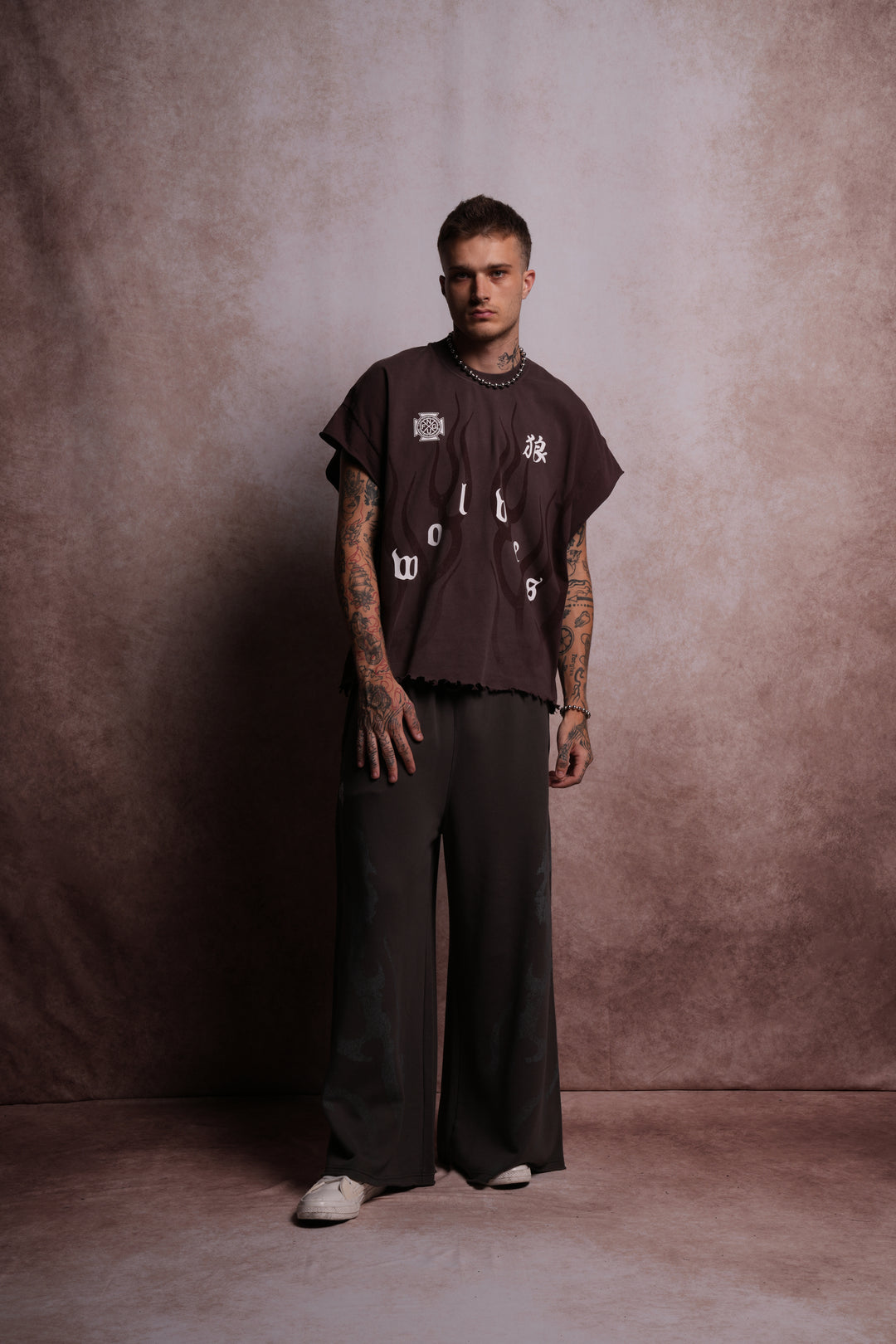 Wolves Flame Destroyed Grunge Cut-Off Tee in Darc Garnet Spine Sun Fade
