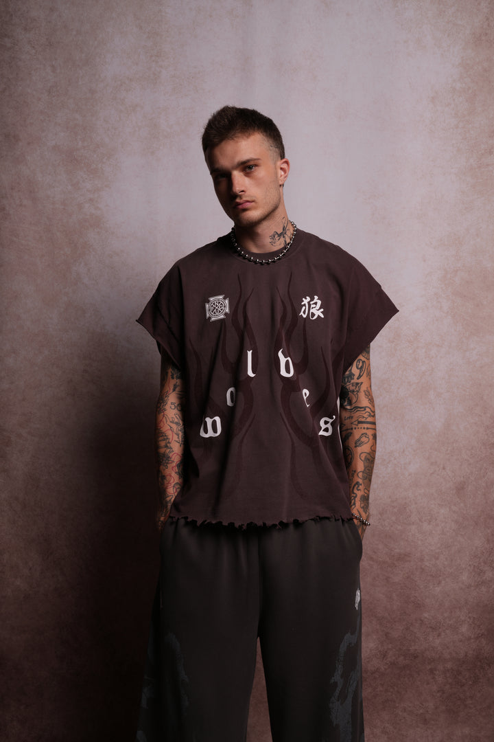 Wolves Flame Destroyed Grunge Cut-Off Tee in Darc Garnet Spine Sun Fade