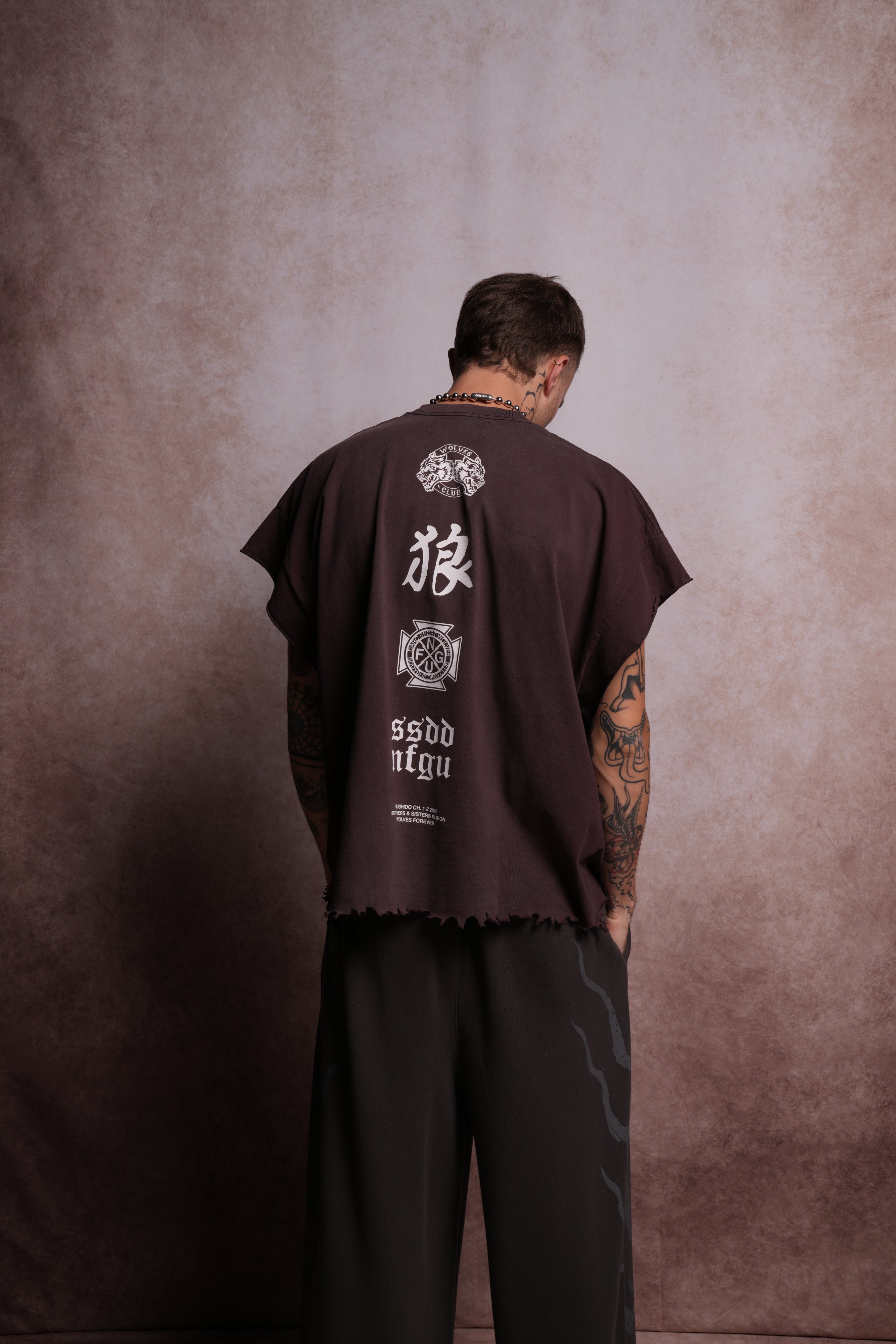 Wolves Flame Destroyed Grunge Cut-Off Tee in Darc Garnet Spine Sun Fade