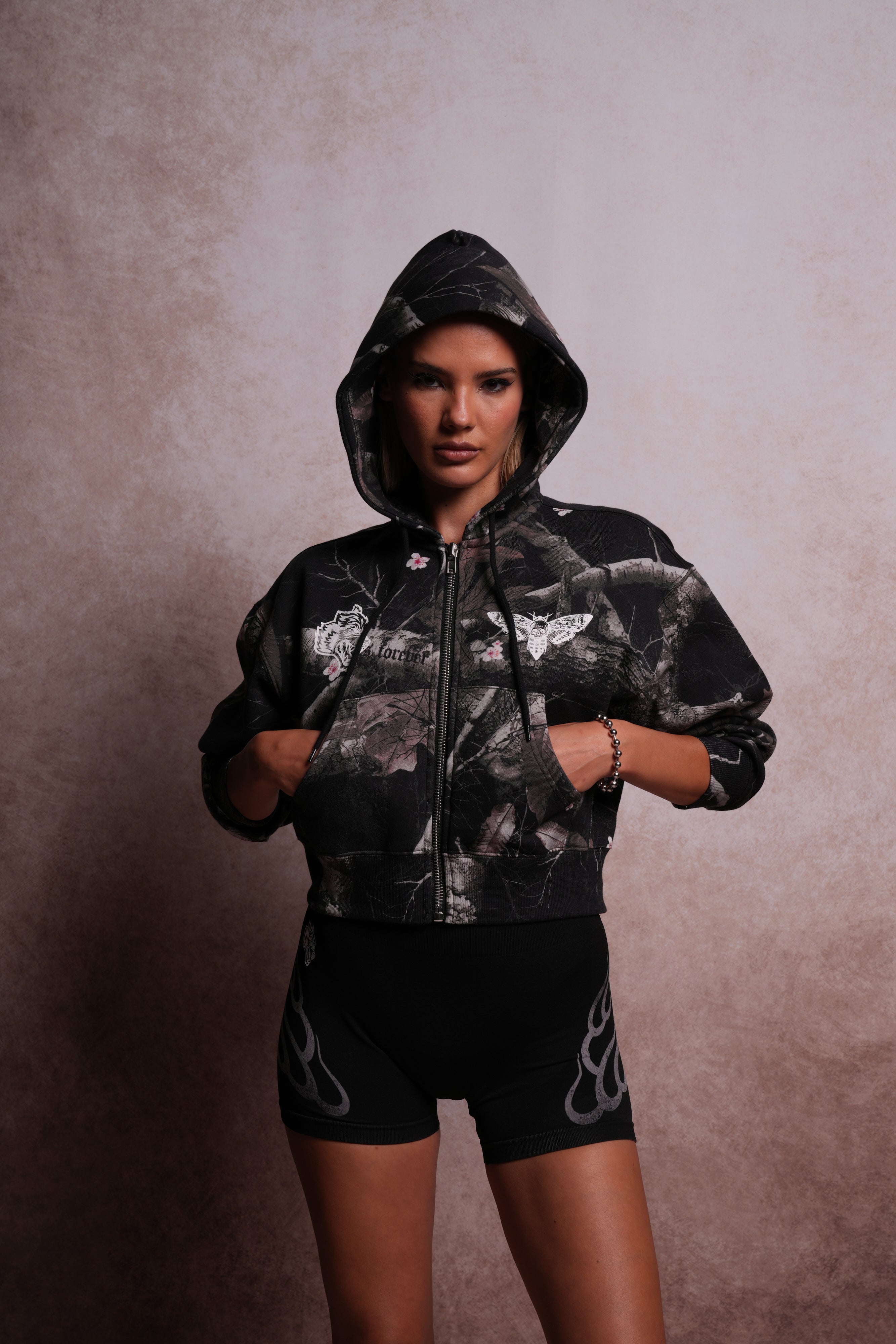 Single Wolf "Sage" Cropped Zip Hoodie in Darc Blossom Woodland Camo