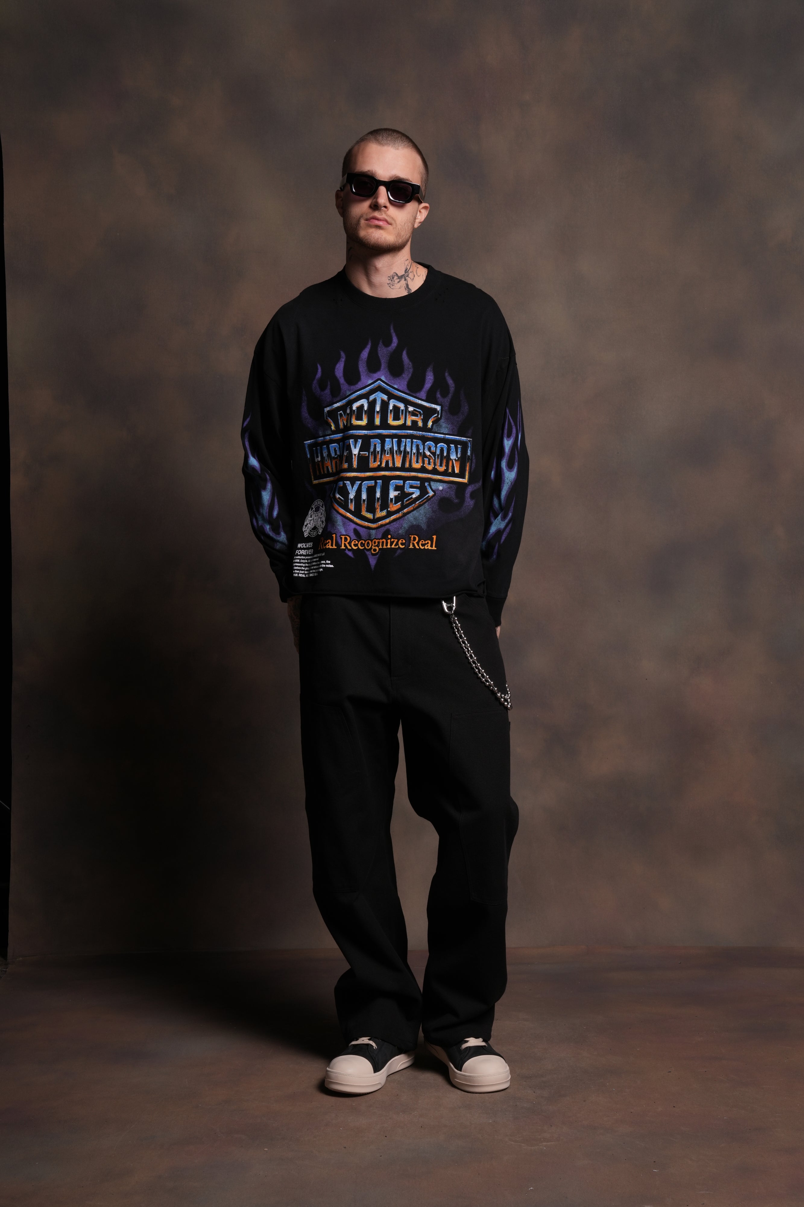 Iron Fire Distressed Grunge "Box Cut" L/S Tee in Black Sun Fade