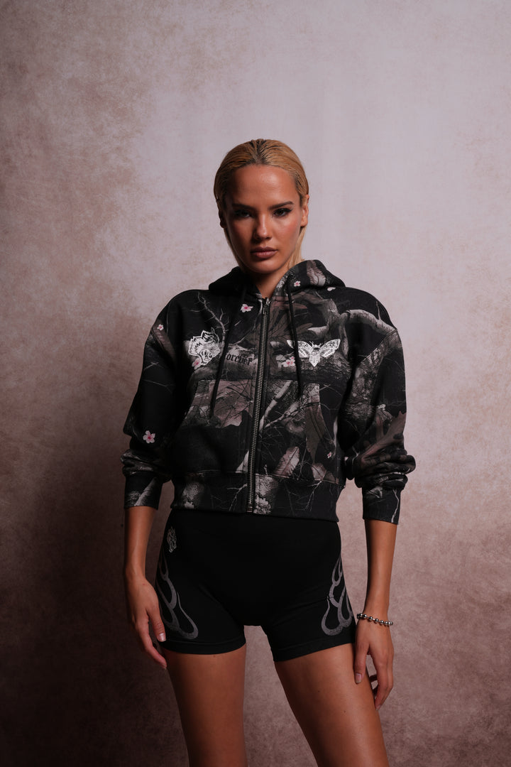 Single Wolf "Sage" Cropped Zip Hoodie in Darc Blossom Woodland Camo