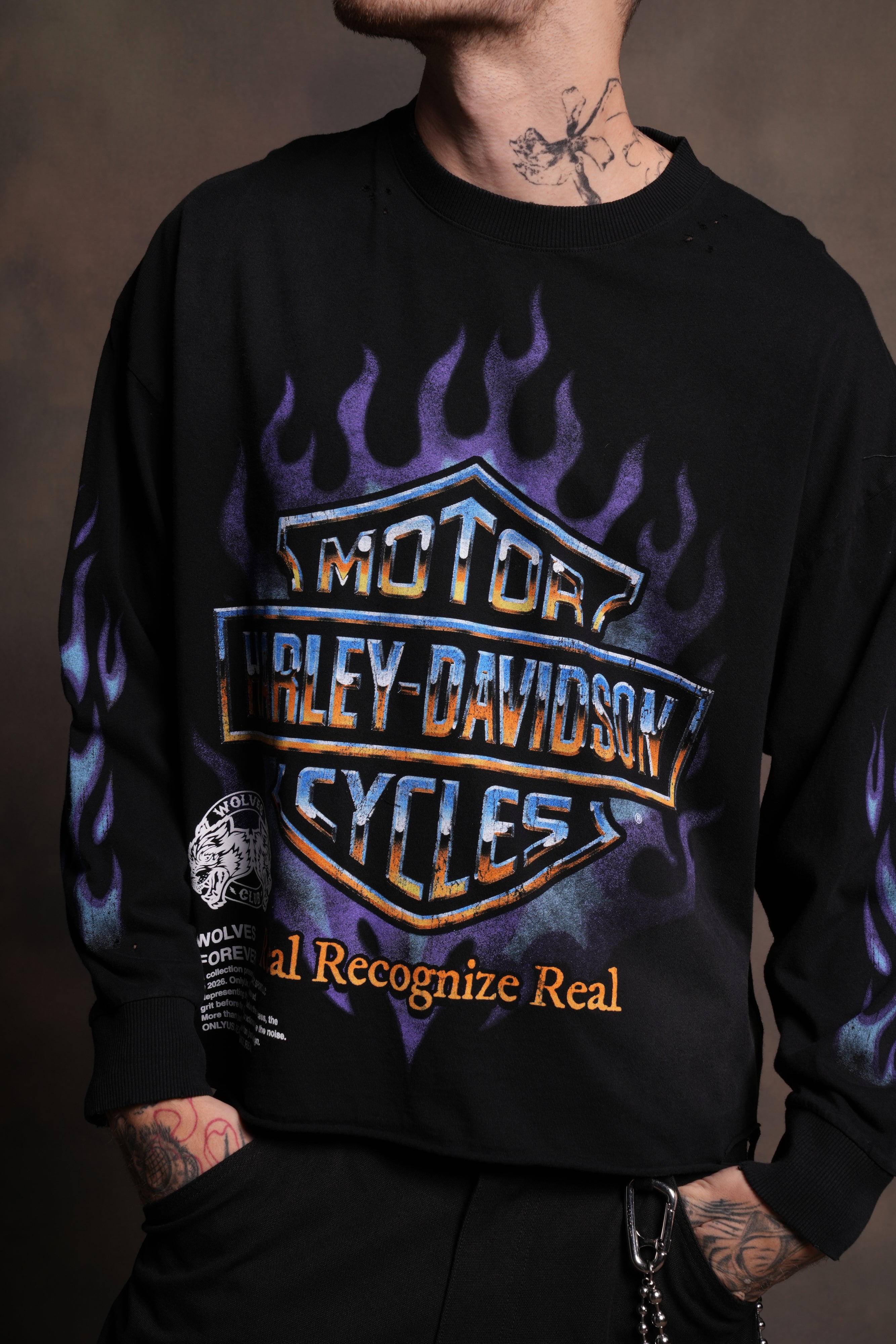 Iron Fire Distressed Grunge "Box Cut" L/S Tee in Black Sun Fade