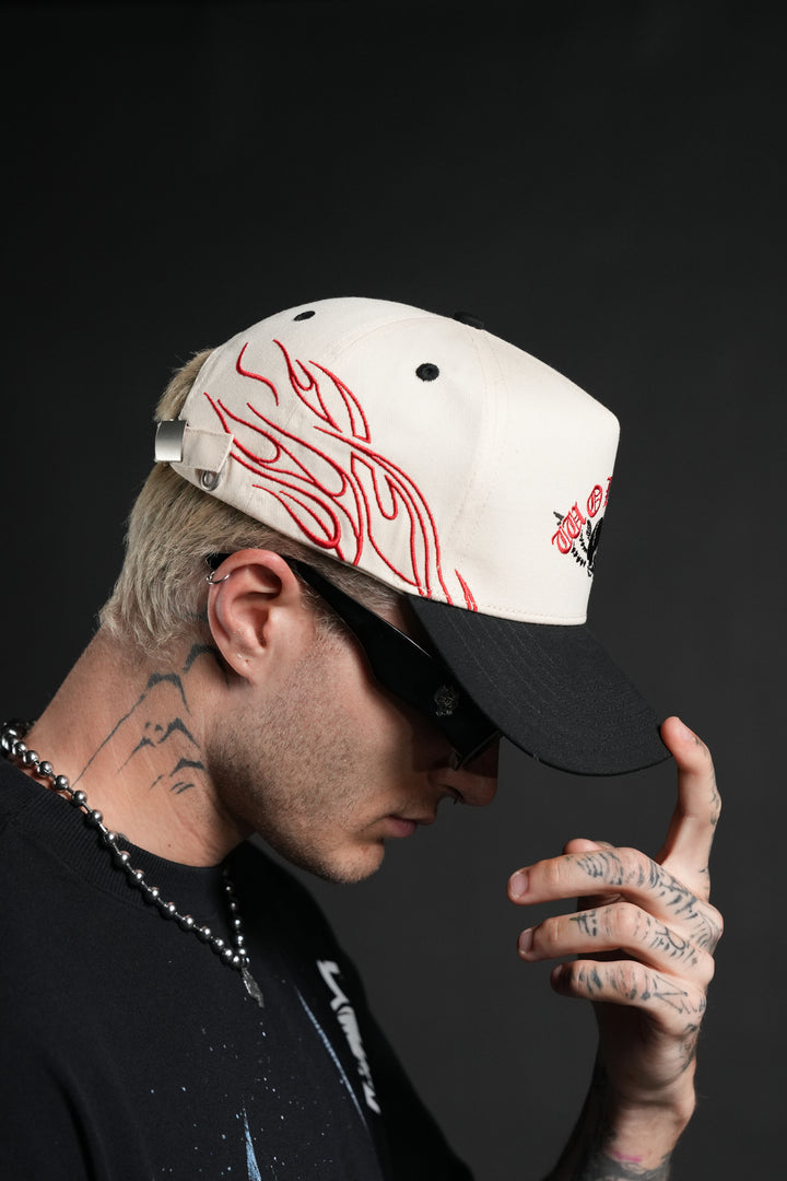 Twin Flame 5 Panel Hat in Cream/Black