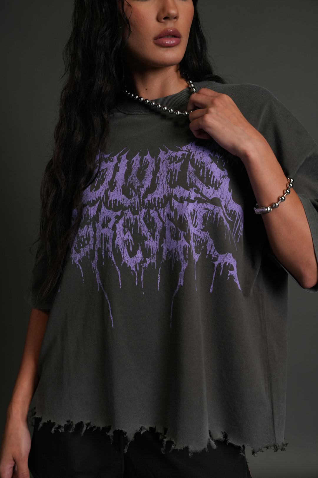 Drip Hesh Destroyed Grunge "Box Cut" Tee in Wolf Gray