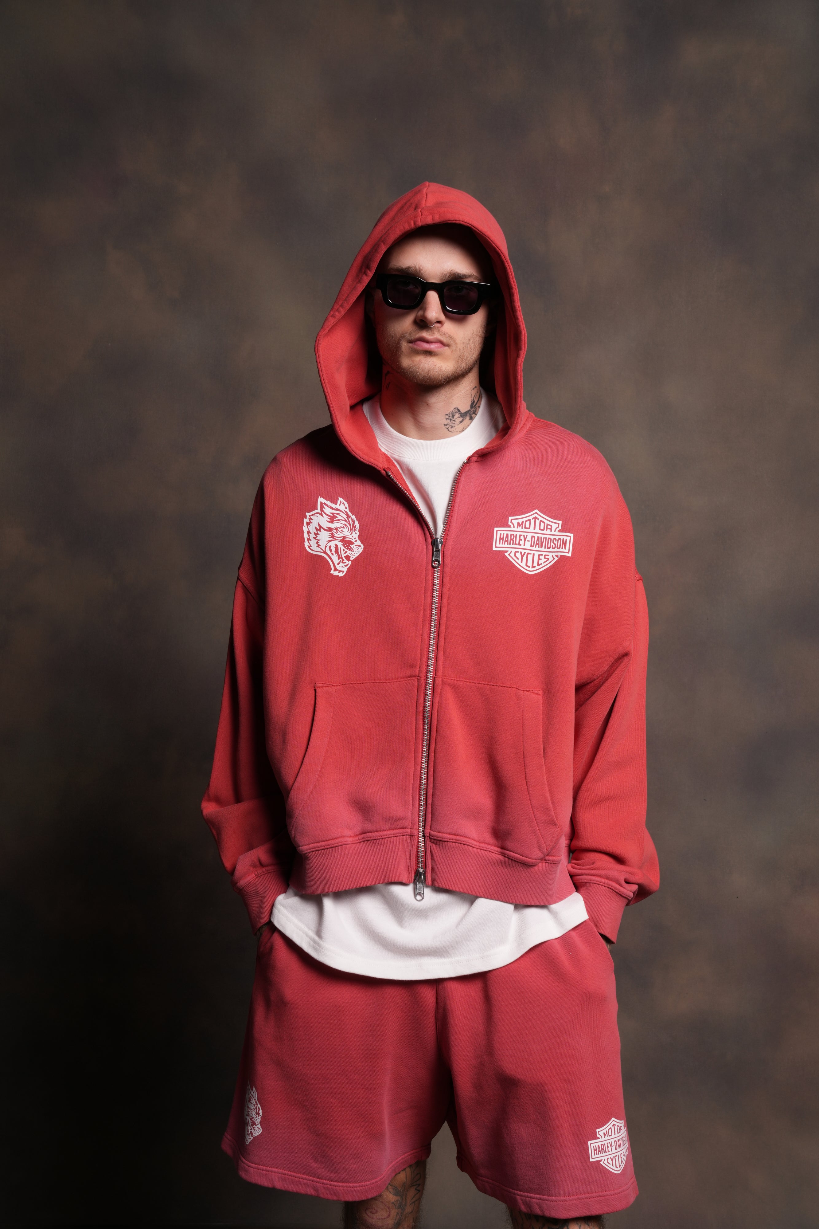 Harley-Davidson Wolves Vex Double Zip Hoodie in Roman Red Drift Wash