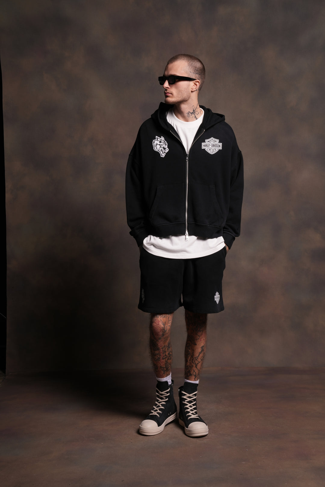 Harley-Davidson Wolves Vex Double Zip Hoodie in Black Drift Wash