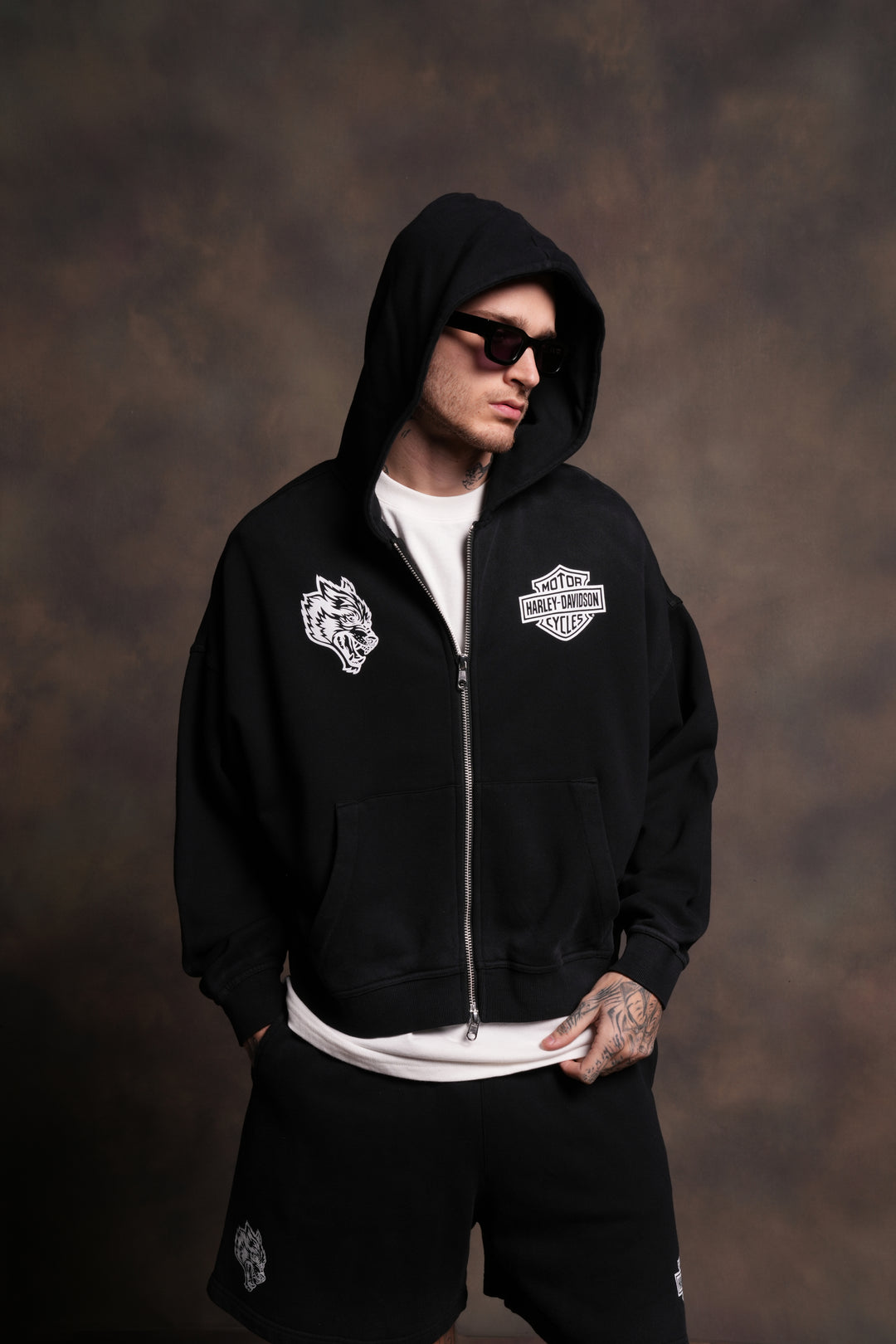 Harley-Davidson Wolves Vex Double Zip Hoodie in Black Drift Wash