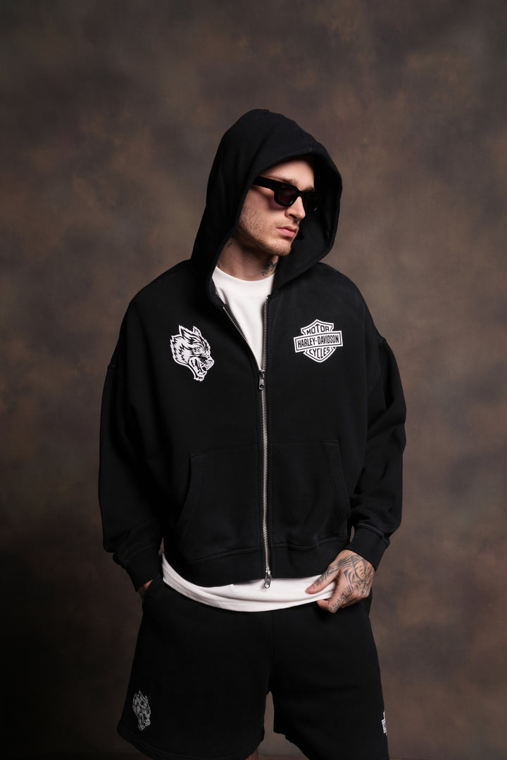 Harley-Davidson Wolves Vex Double Zip Hoodie in Black Drift Wash