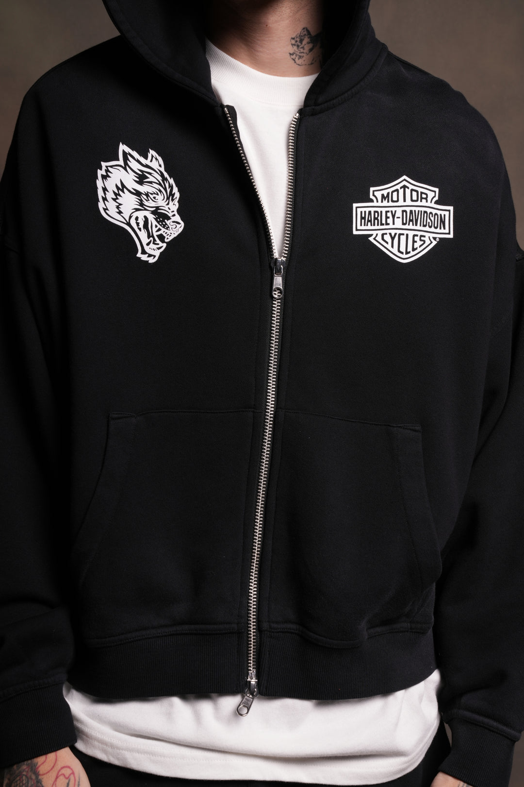 Harley-Davidson Wolves Vex Double Zip Hoodie in Black Drift Wash