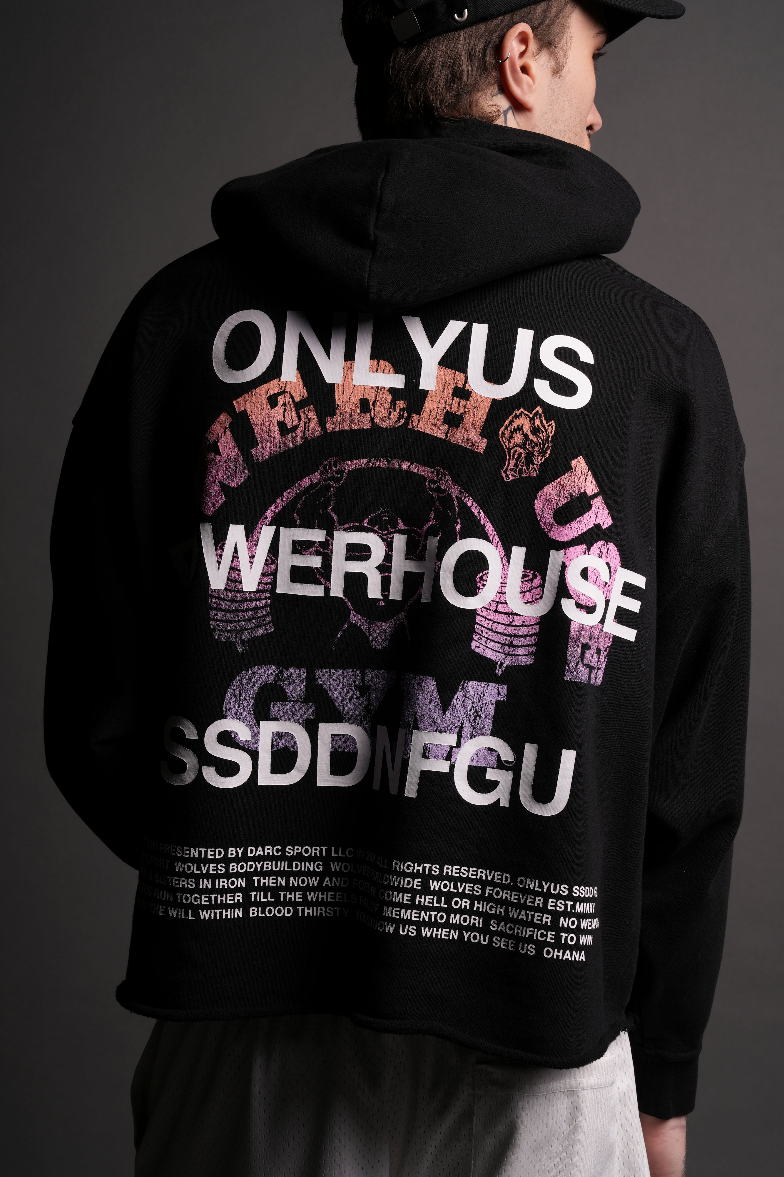 Only Us Gym Raw Hem "Box Cut" Pierce Hoodie in Black