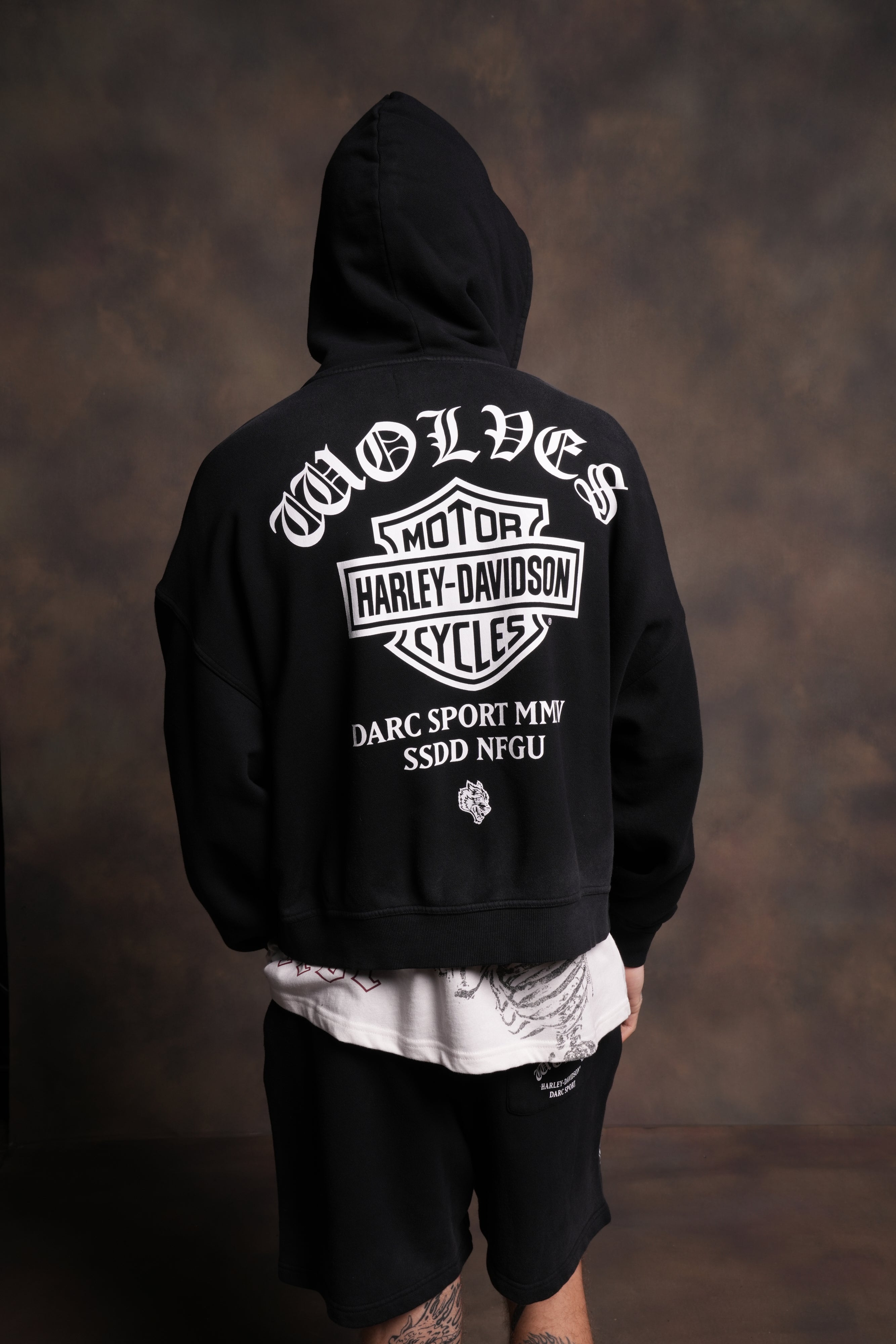 Harley-Davidson Wolves Vex Double Zip Hoodie in Black Drift Wash