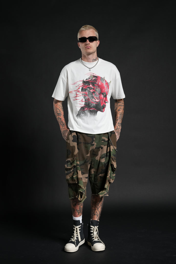 Sith Inferno Grunge Mid Length Raw Hem Tee in Cream