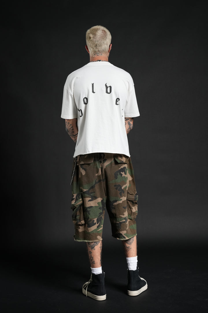 Sith Inferno Grunge Mid Length Raw Hem Tee in Cream
