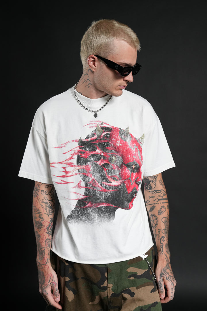 Sith Inferno Grunge Mid Length Raw Hem Tee in Cream