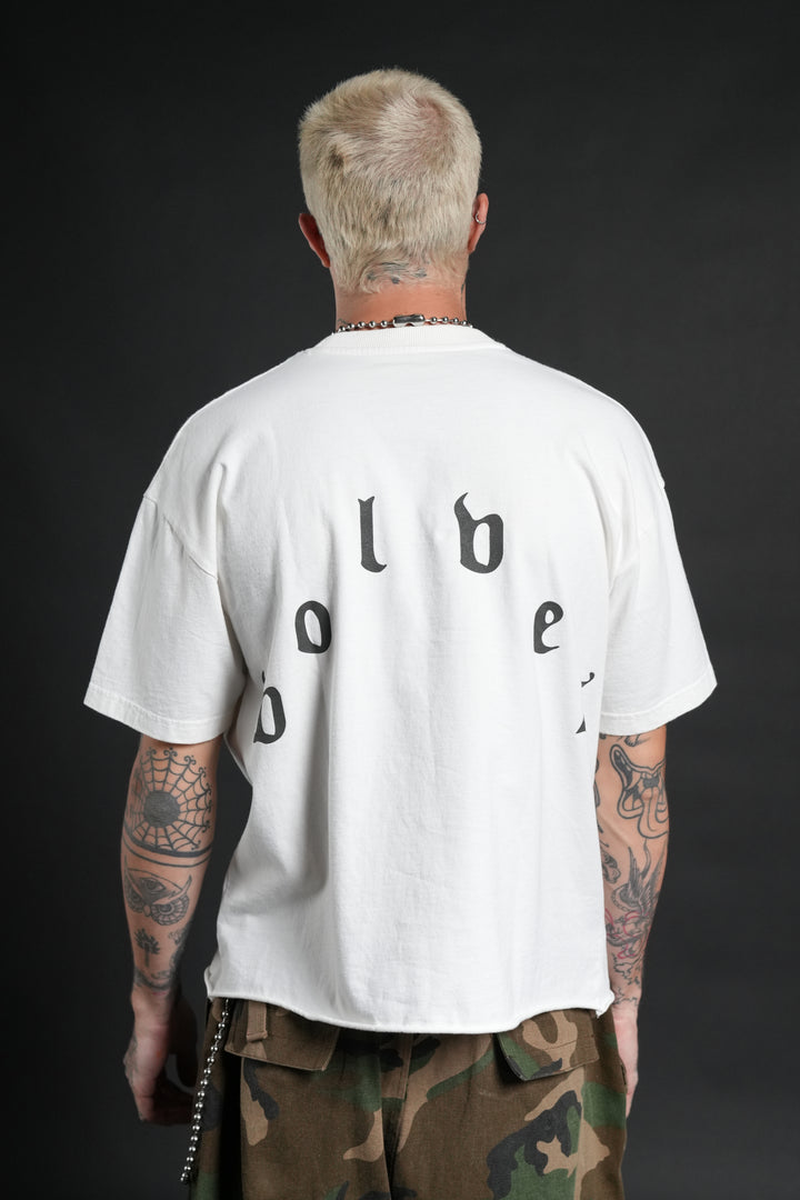 Sith Inferno Grunge Mid Length Raw Hem Tee in Cream