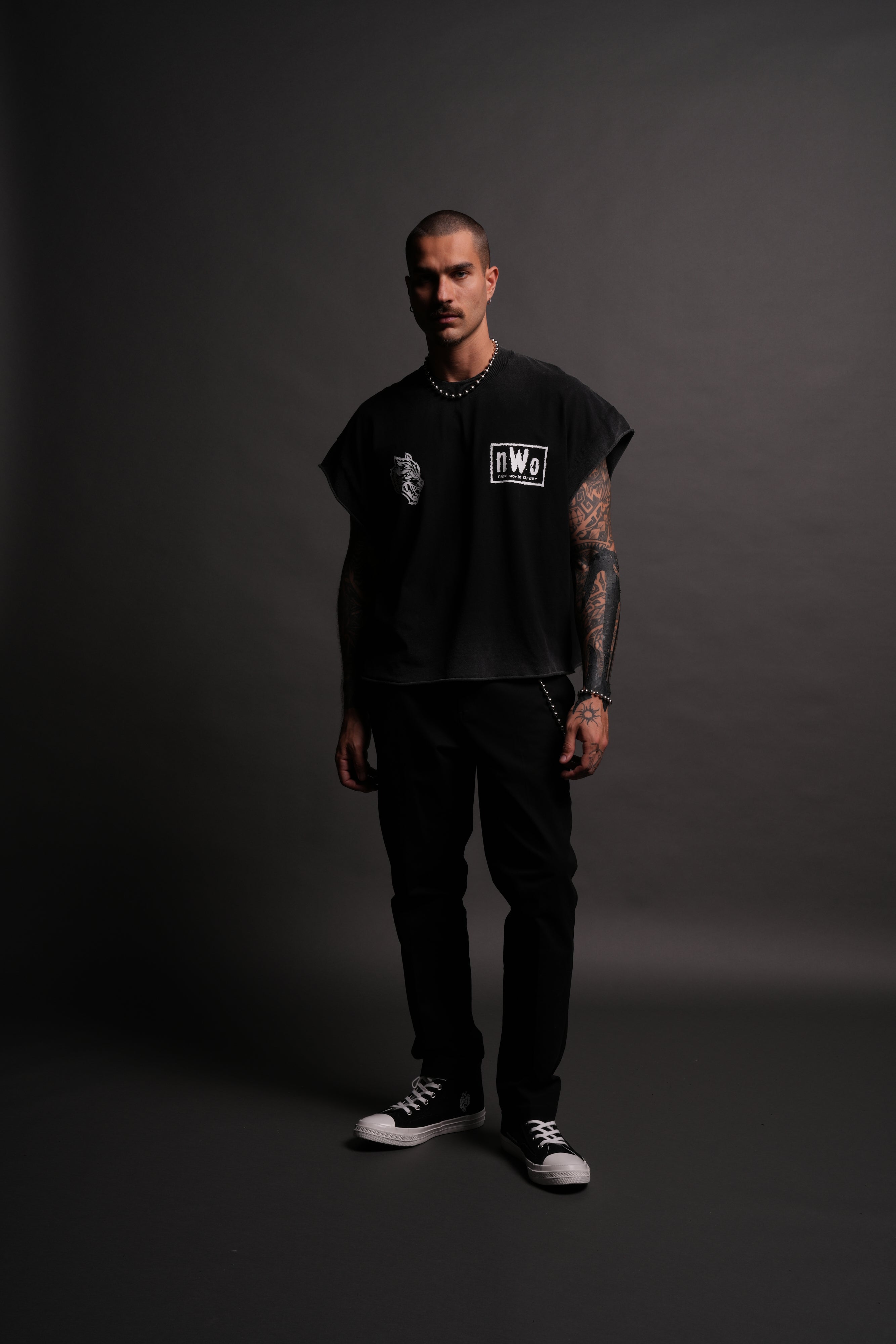 New World Order Grunge Cut-Off Tee in Black