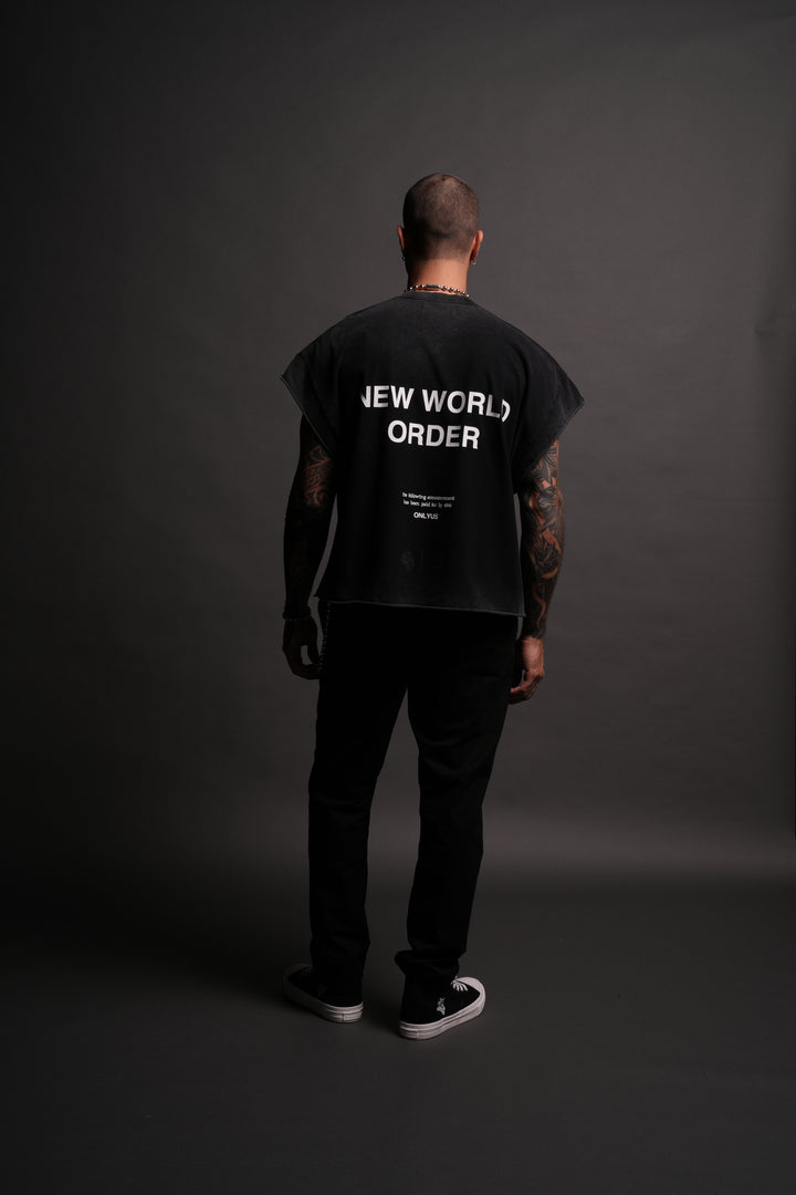 New World Order Grunge Cut-Off Tee in Black